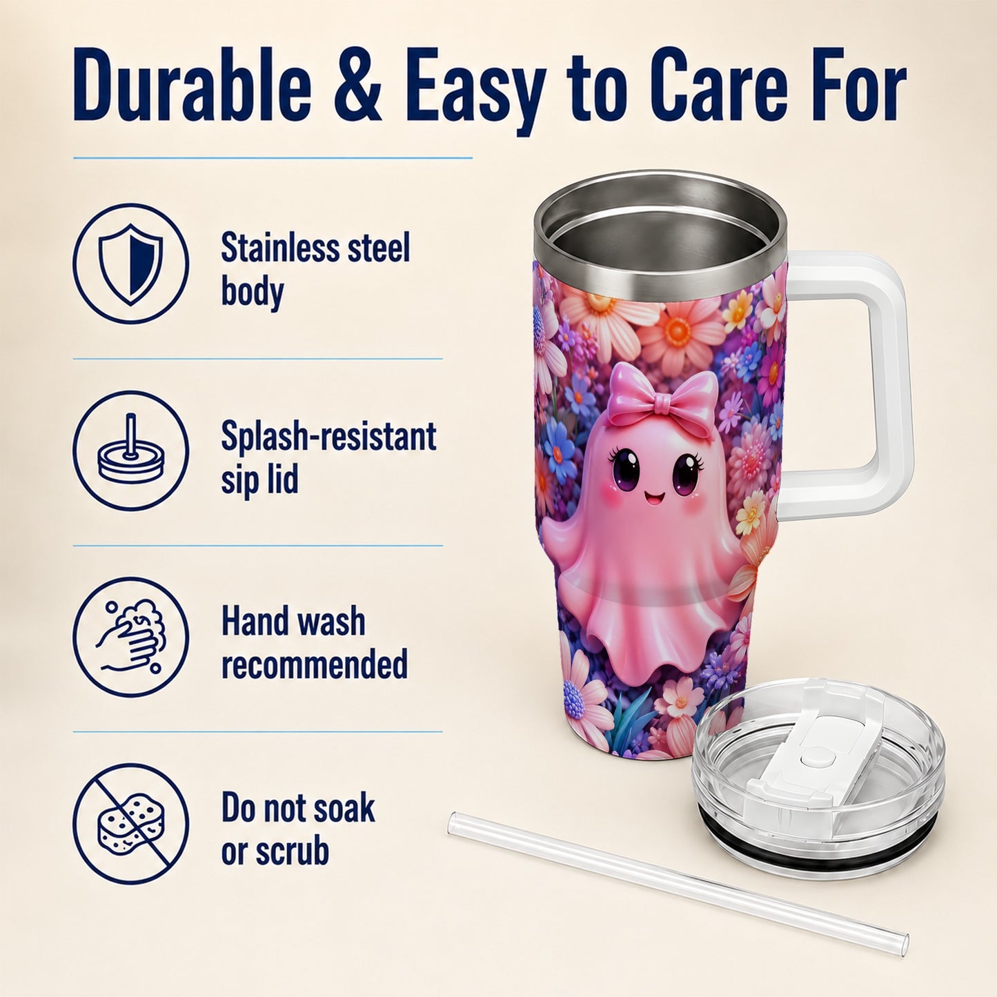 #pl[40oz|White] Pink Ghost 40oz Tumbler, Daisy Bow Kawaii Stainless Steel Travel Cup