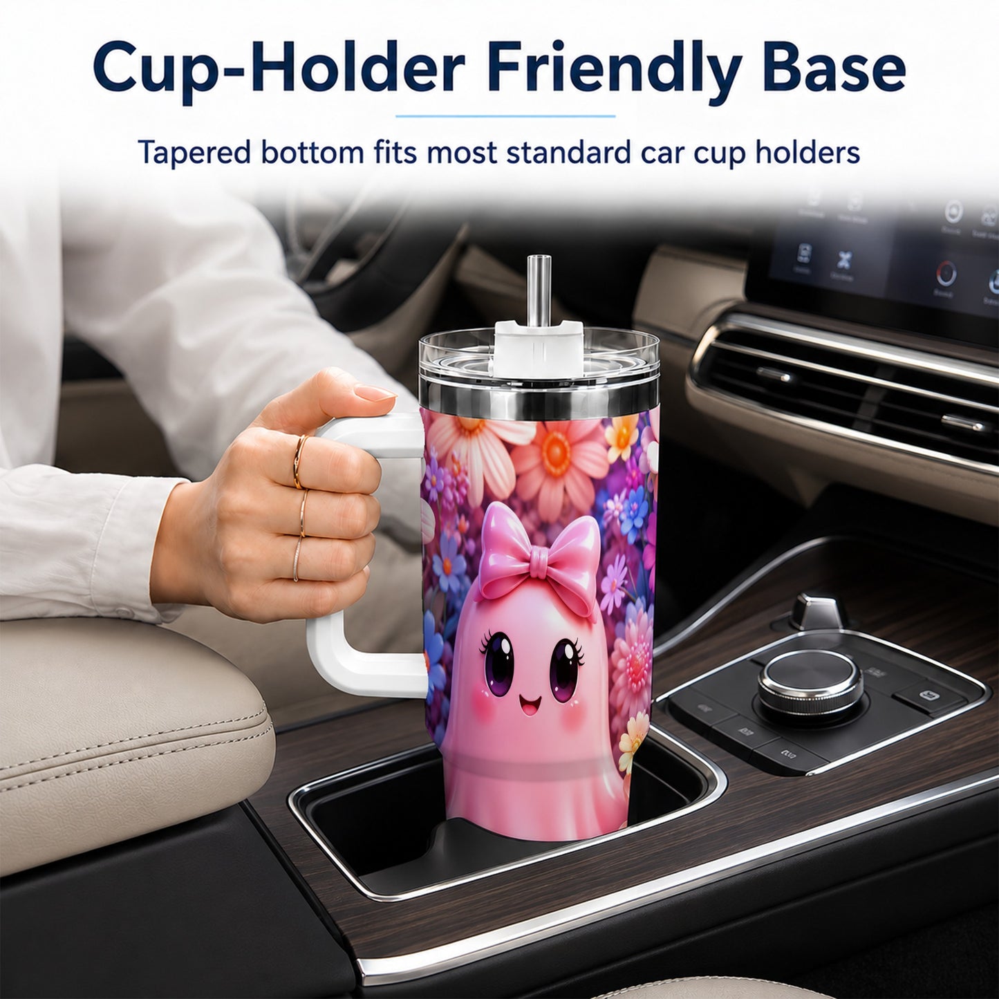 #pl[40oz|White] Pink Ghost 40oz Tumbler, Daisy Bow Kawaii Stainless Steel Travel Cup
