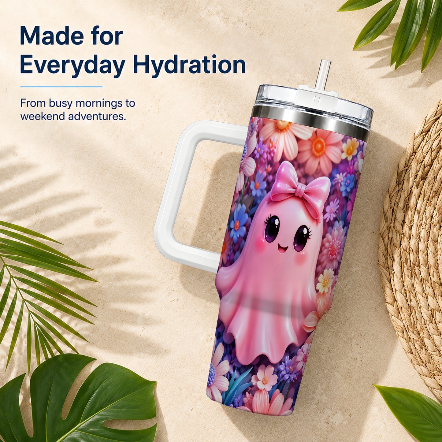 #pl[40oz|White] Pink Ghost 40oz Tumbler, Daisy Bow Kawaii Stainless Steel Travel Cup