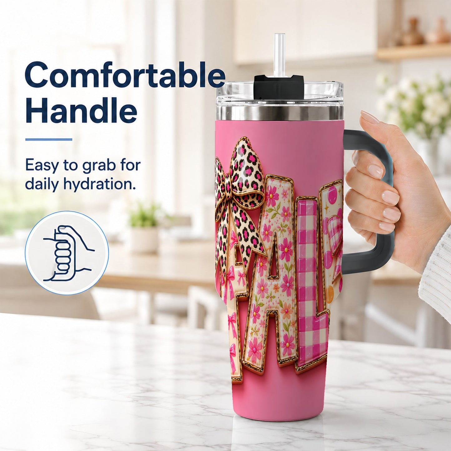#pl[40oz|Black] Fall Bow 40oz Tumbler, Pink Pattern Autumn Stainless Steel Travel Cup
