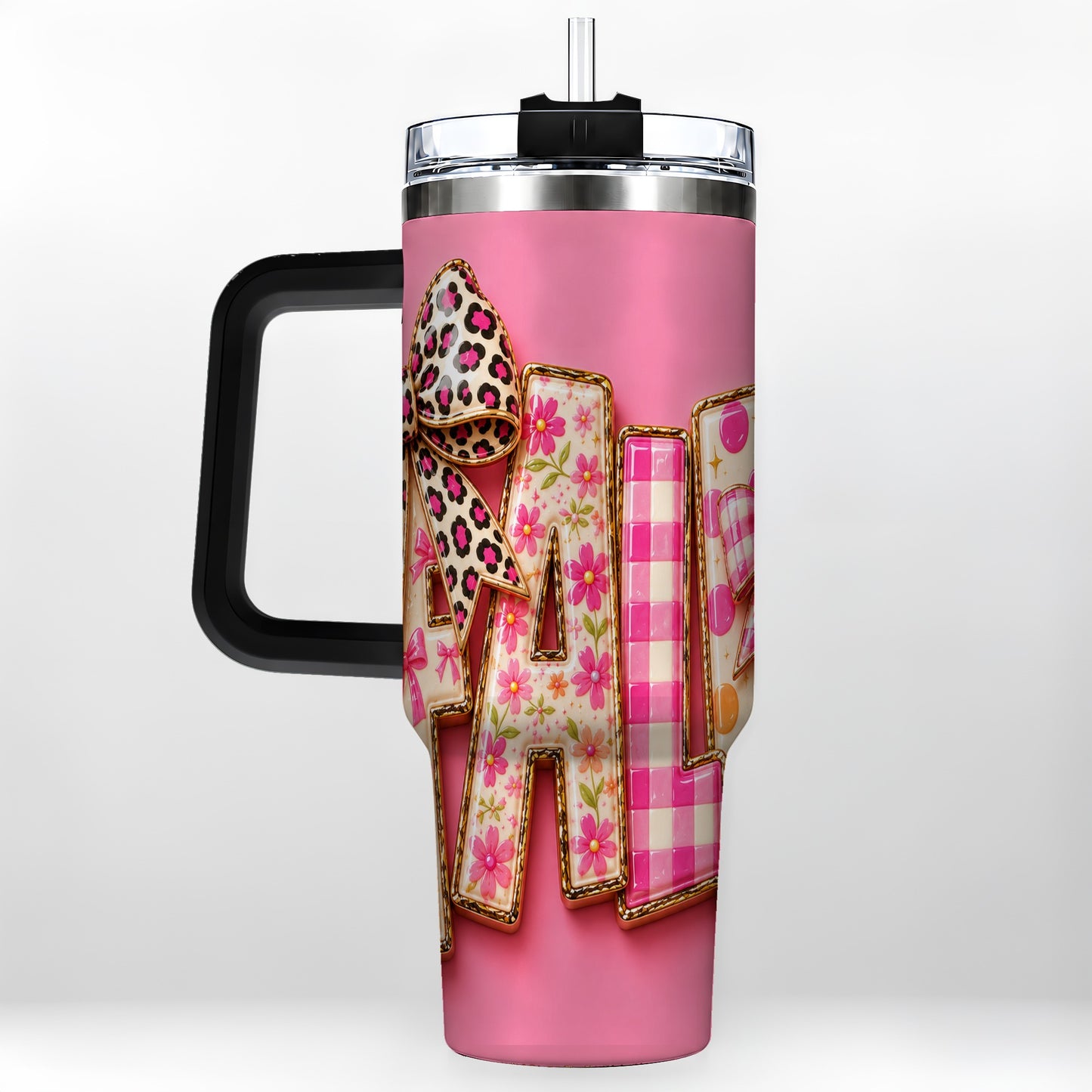 #pl[40oz|Black] Fall Bow 40oz Tumbler, Pink Pattern Autumn Stainless Steel Travel Cup
