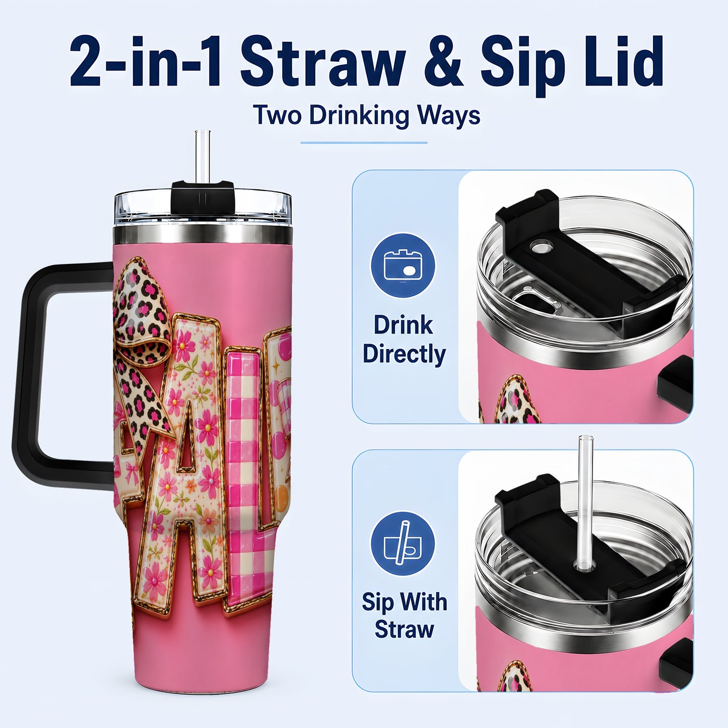 #pl[40oz|Black] Fall Bow 40oz Tumbler, Pink Pattern Autumn Stainless Steel Travel Cup
