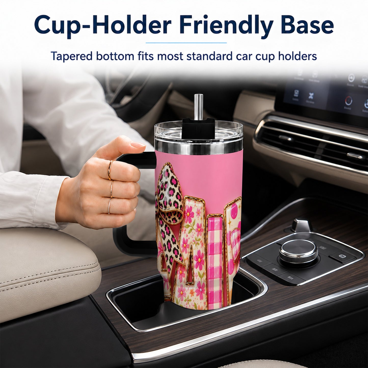 #pl[40oz|Black] Fall Bow 40oz Tumbler, Pink Pattern Autumn Stainless Steel Travel Cup