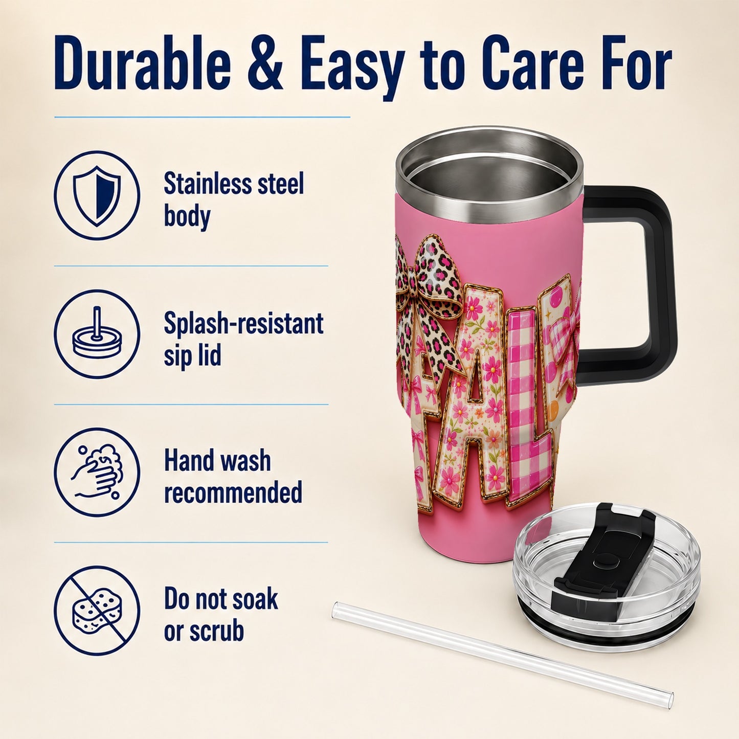 #pl[40oz|Black] Fall Bow 40oz Tumbler, Pink Pattern Autumn Stainless Steel Travel Cup
