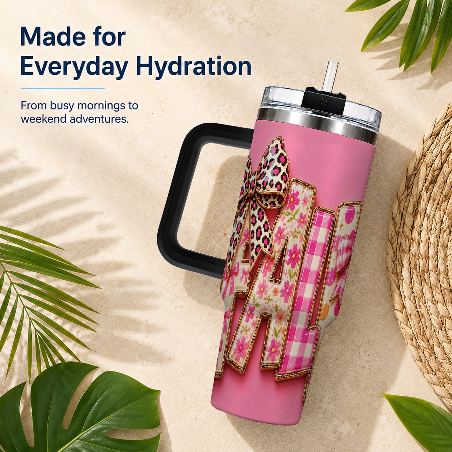 #pl[40oz|Black] Fall Bow 40oz Tumbler, Pink Pattern Autumn Stainless Steel Travel Cup