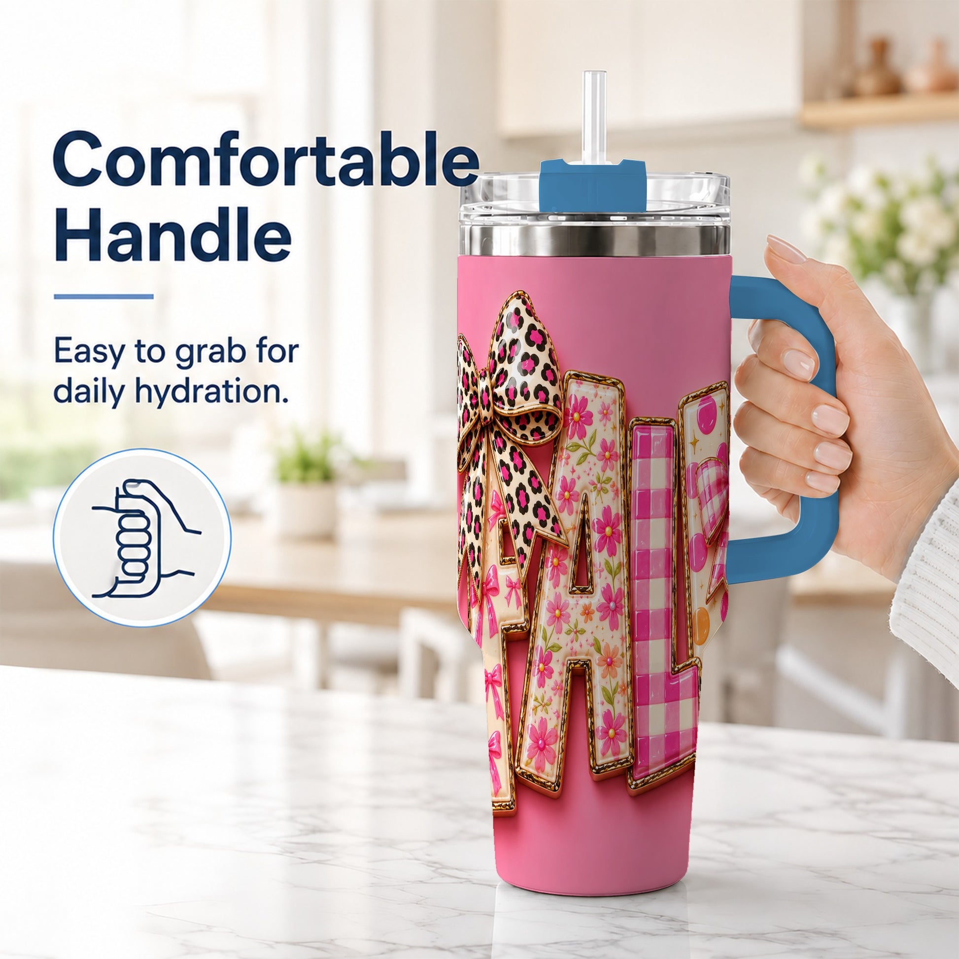 #pl[40oz|Blue] Fall Bow 40oz Tumbler, Pink Pattern Autumn Stainless Steel Travel Cup