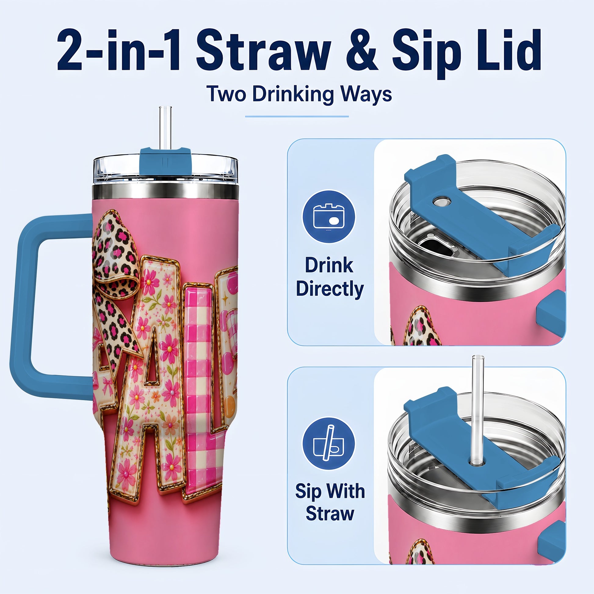 #pl[40oz|Blue] Fall Bow 40oz Tumbler, Pink Pattern Autumn Stainless Steel Travel Cup