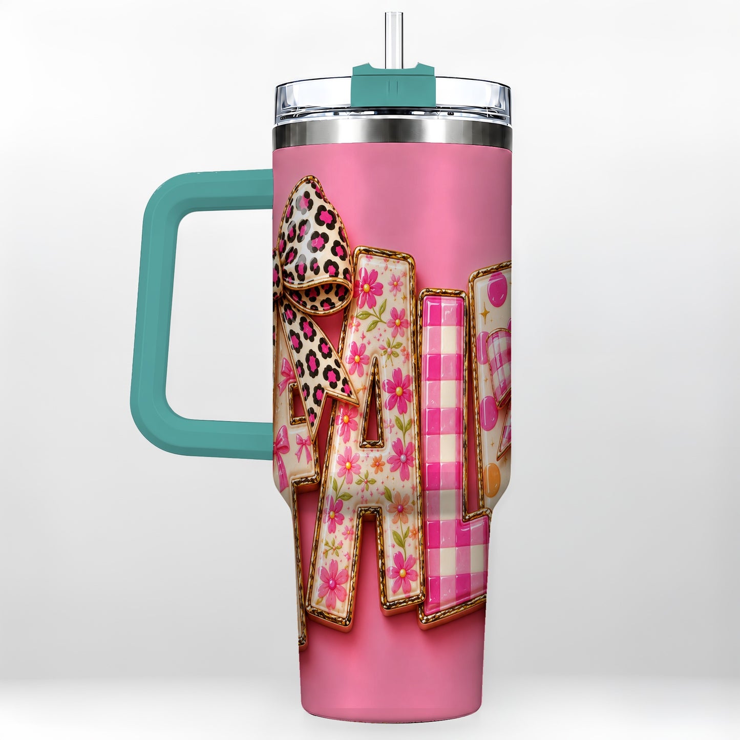 #pl[40oz|Green] Fall Bow 40oz Tumbler, Pink Pattern Autumn Stainless Steel Travel Cup