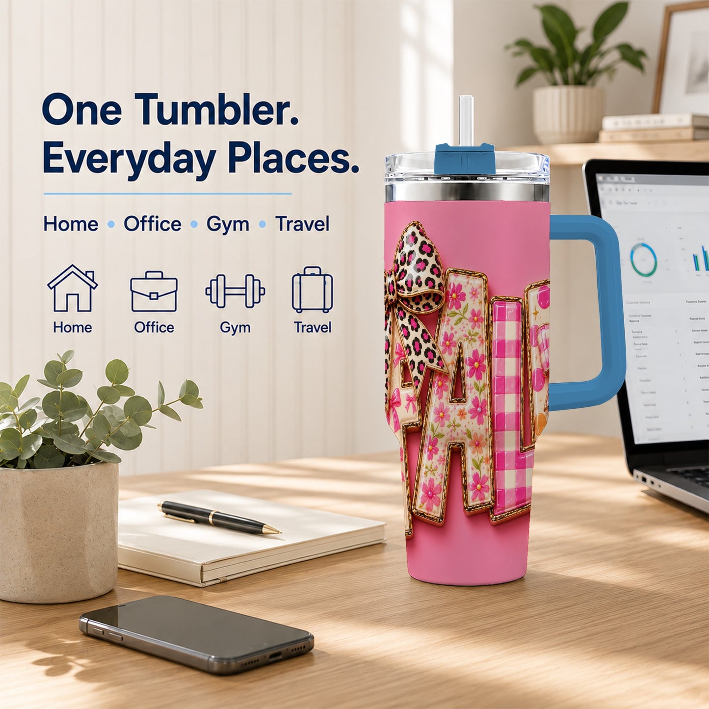 #pl[40oz|Blue] Fall Bow 40oz Tumbler, Pink Pattern Autumn Stainless Steel Travel Cup