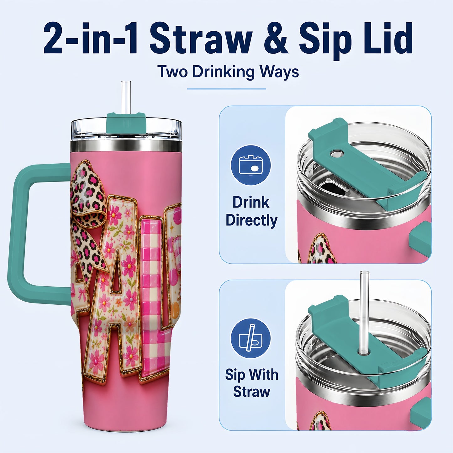 #pl[40oz|Green] Fall Bow 40oz Tumbler, Pink Pattern Autumn Stainless Steel Travel Cup