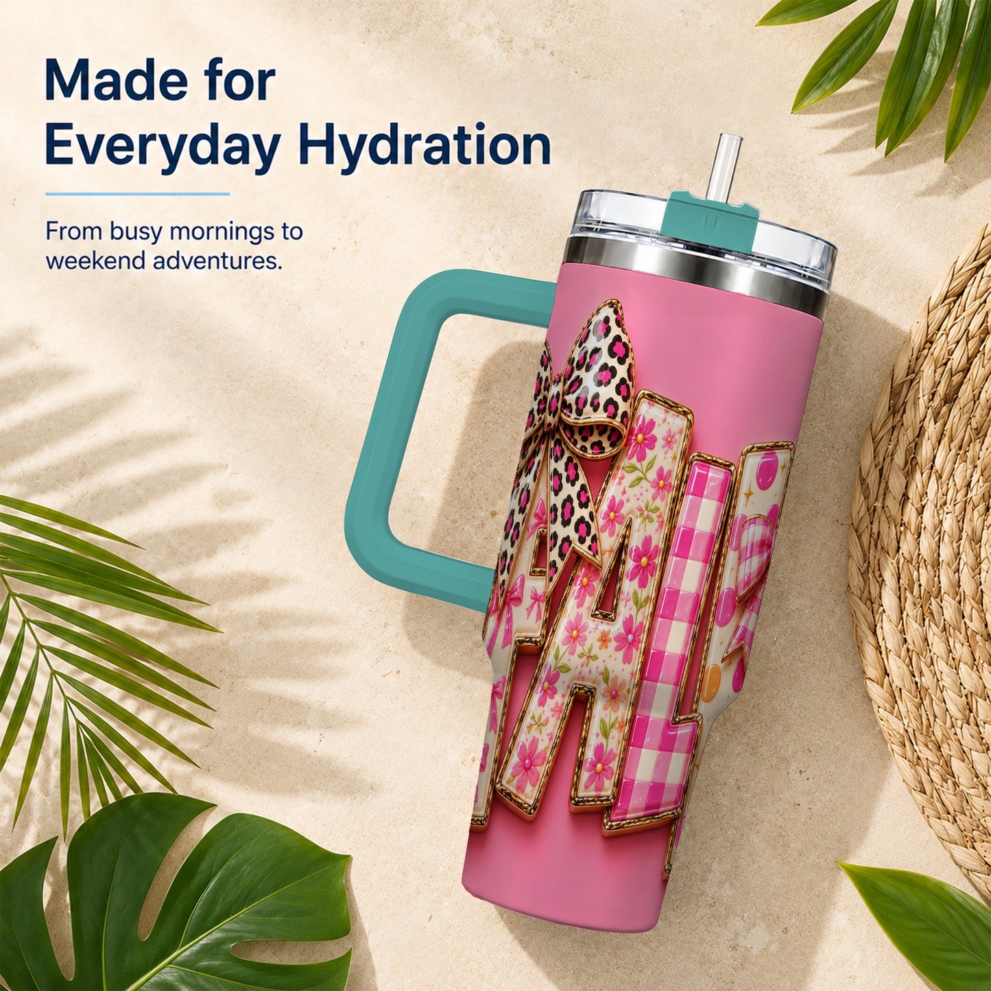 #pl[40oz|Green] Fall Bow 40oz Tumbler, Pink Pattern Autumn Stainless Steel Travel Cup