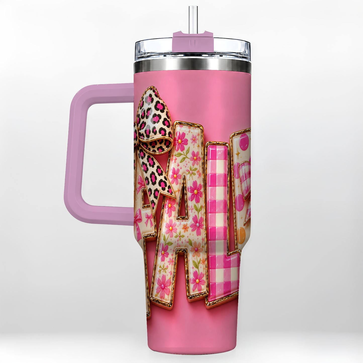 #pl[40oz|Pink] Fall Bow 40oz Tumbler, Pink Pattern Autumn Stainless Steel Travel Cup