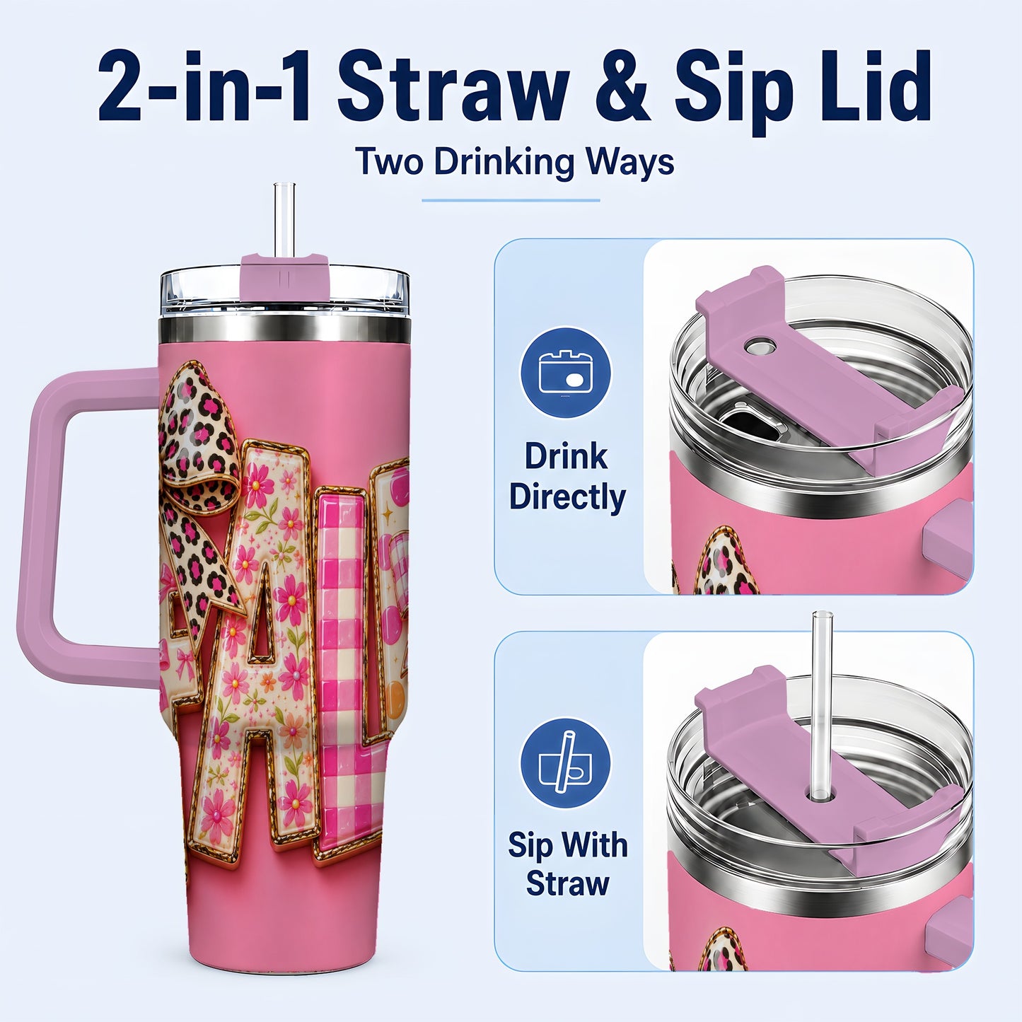 #pl[40oz|Pink] Fall Bow 40oz Tumbler, Pink Pattern Autumn Stainless Steel Travel Cup