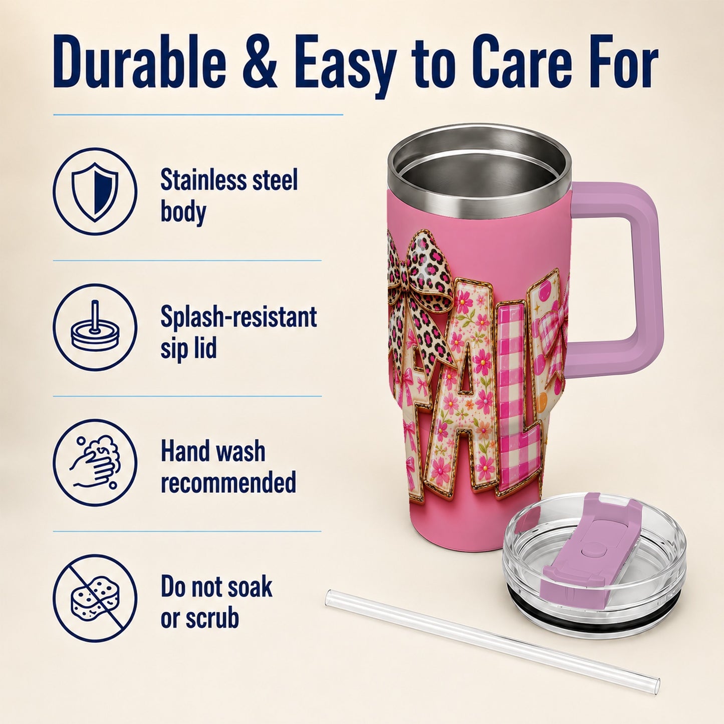 #pl[40oz|Pink] Fall Bow 40oz Tumbler, Pink Pattern Autumn Stainless Steel Travel Cup