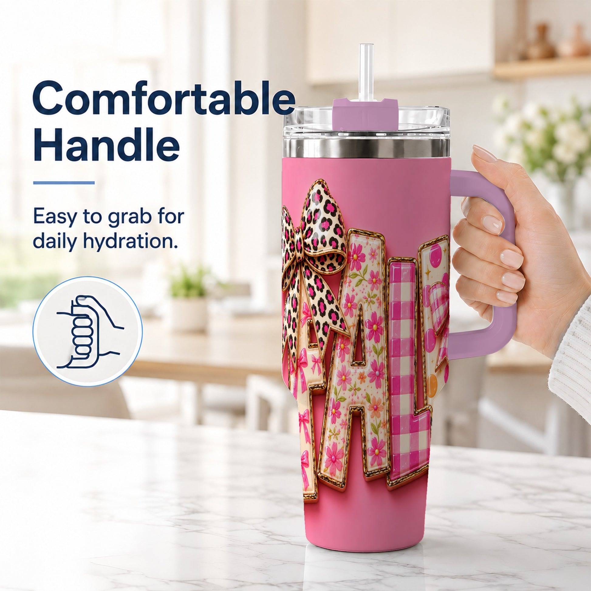 #pl[40oz|Pink] Fall Bow 40oz Tumbler, Pink Pattern Autumn Stainless Steel Travel Cup