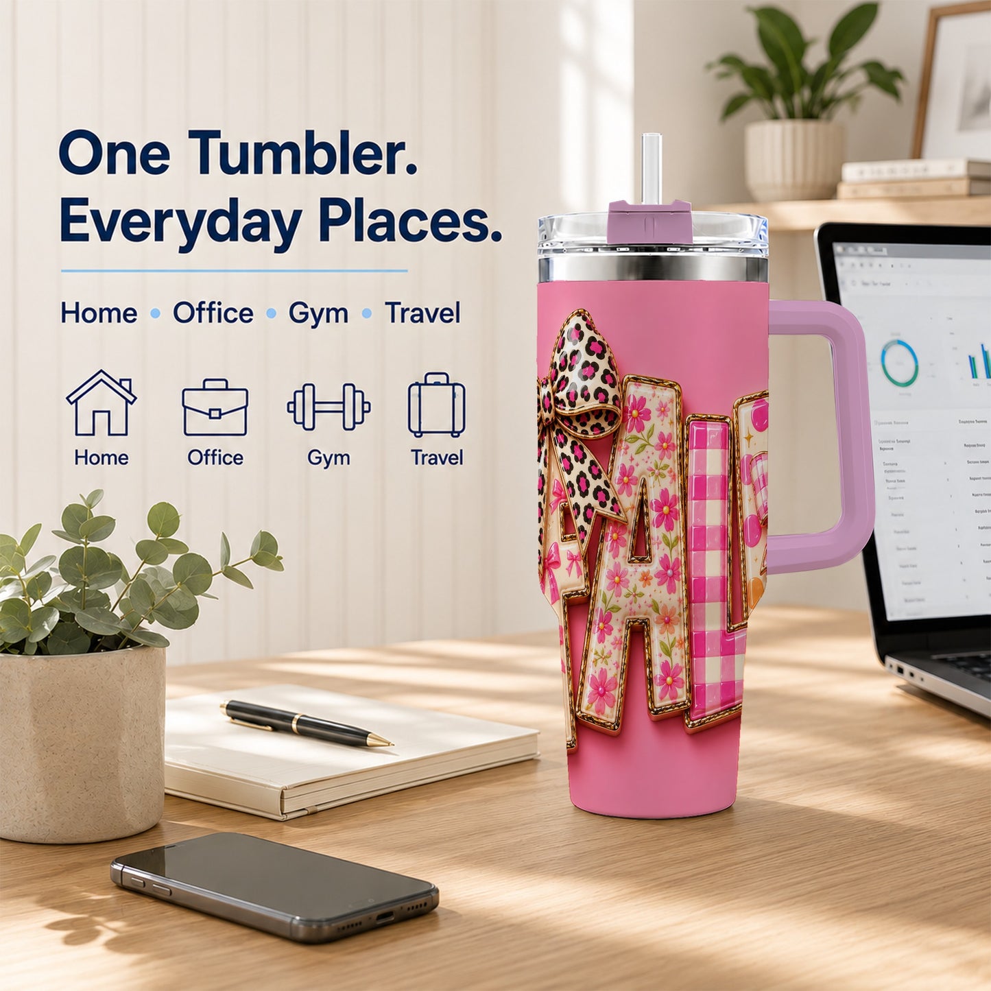 #pl[40oz|Pink] Fall Bow 40oz Tumbler, Pink Pattern Autumn Stainless Steel Travel Cup