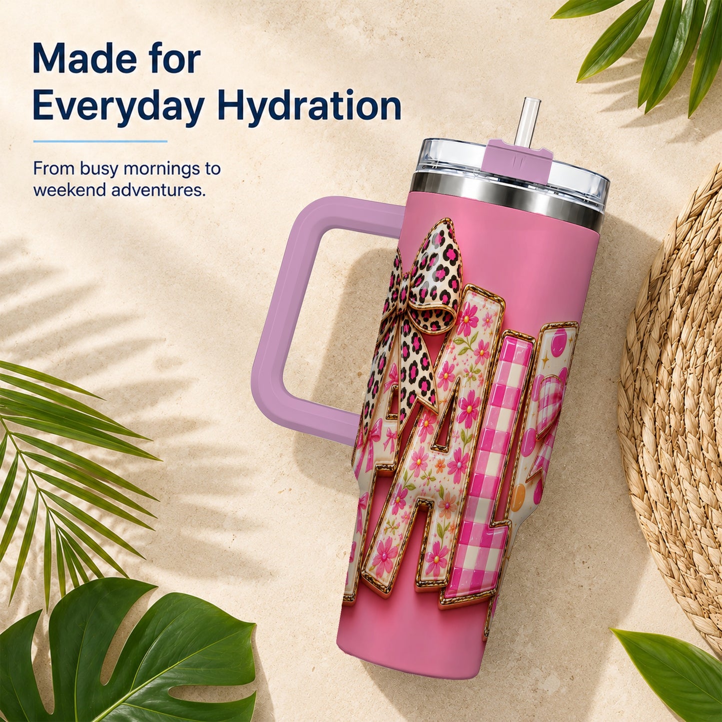 #pl[40oz|Pink] Fall Bow 40oz Tumbler, Pink Pattern Autumn Stainless Steel Travel Cup
