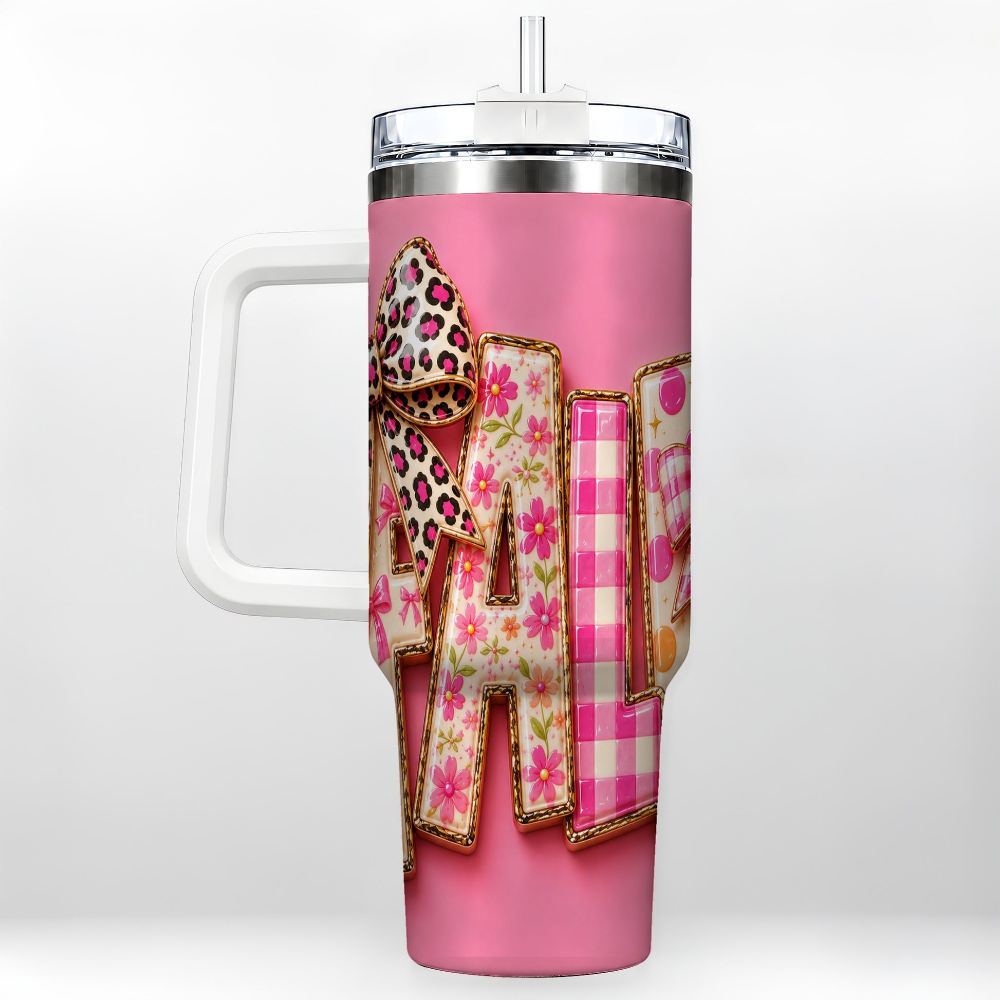 #pl[40oz|White] Fall Bow 40oz Tumbler, Pink Pattern Autumn Stainless Steel Travel Cup