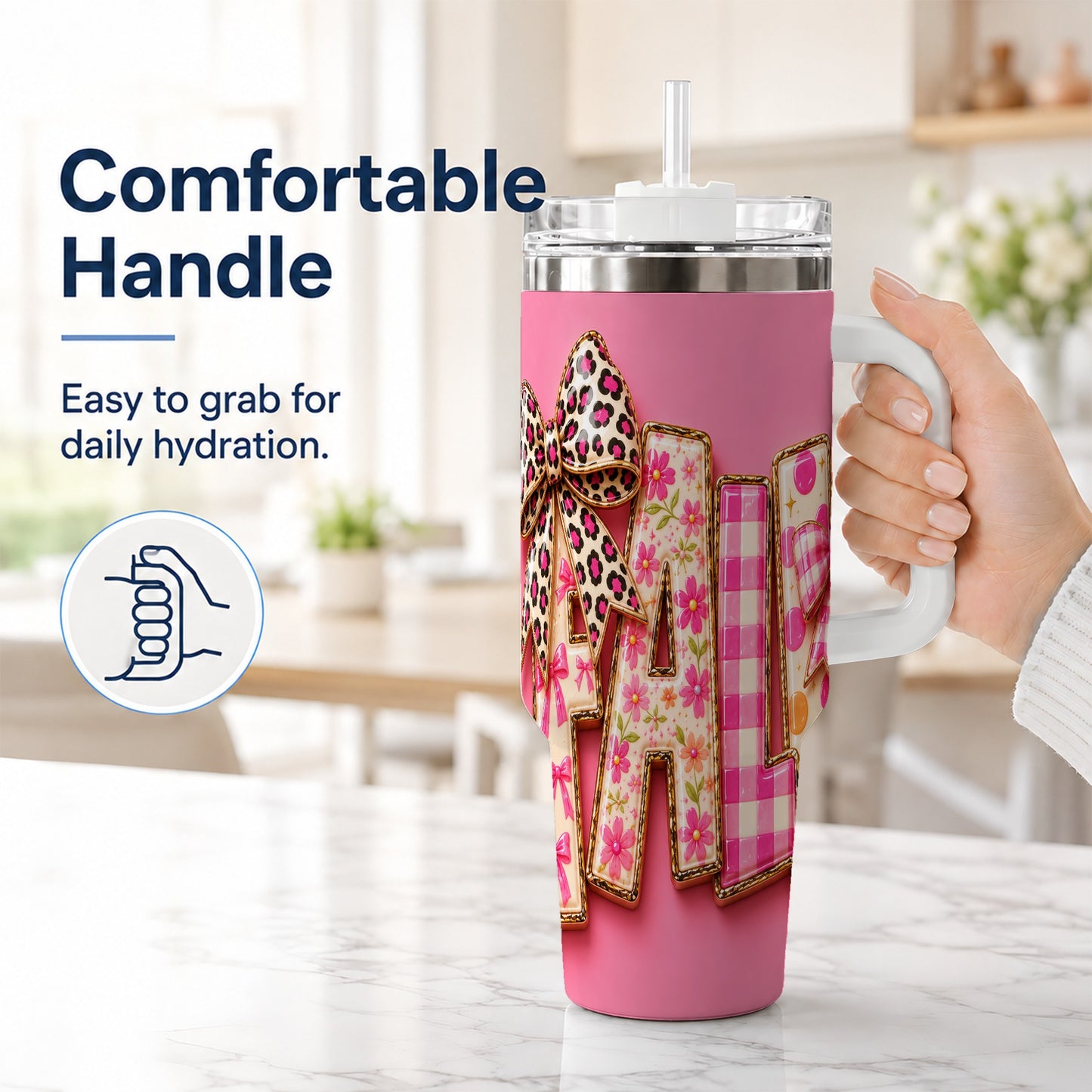 #pl[40oz|White] Fall Bow 40oz Tumbler, Pink Pattern Autumn Stainless Steel Travel Cup