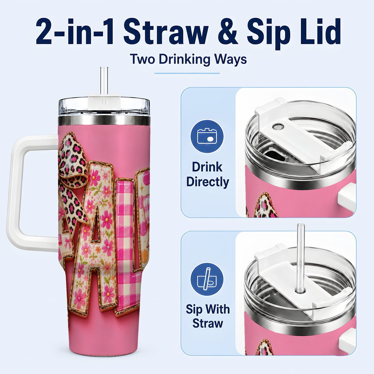 #pl[40oz|White] Fall Bow 40oz Tumbler, Pink Pattern Autumn Stainless Steel Travel Cup