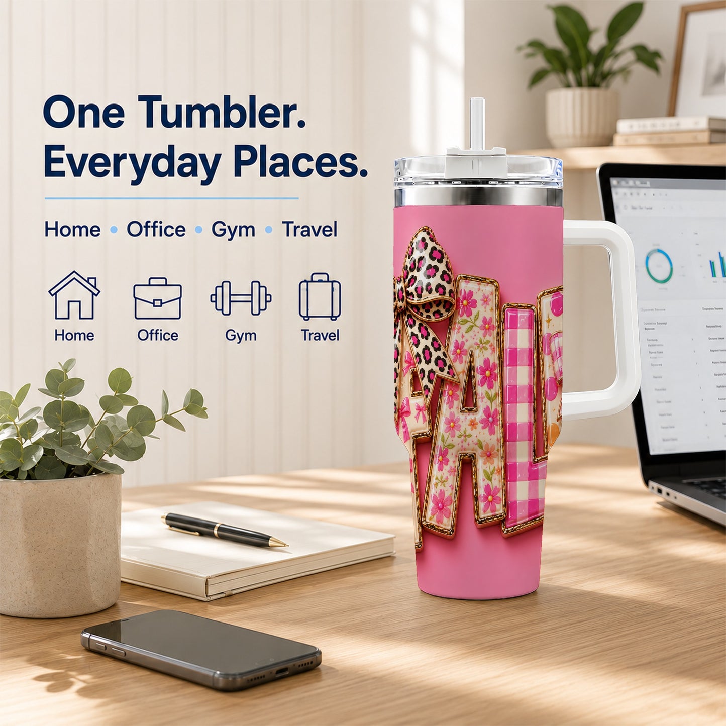 #pl[40oz|White] Fall Bow 40oz Tumbler, Pink Pattern Autumn Stainless Steel Travel Cup