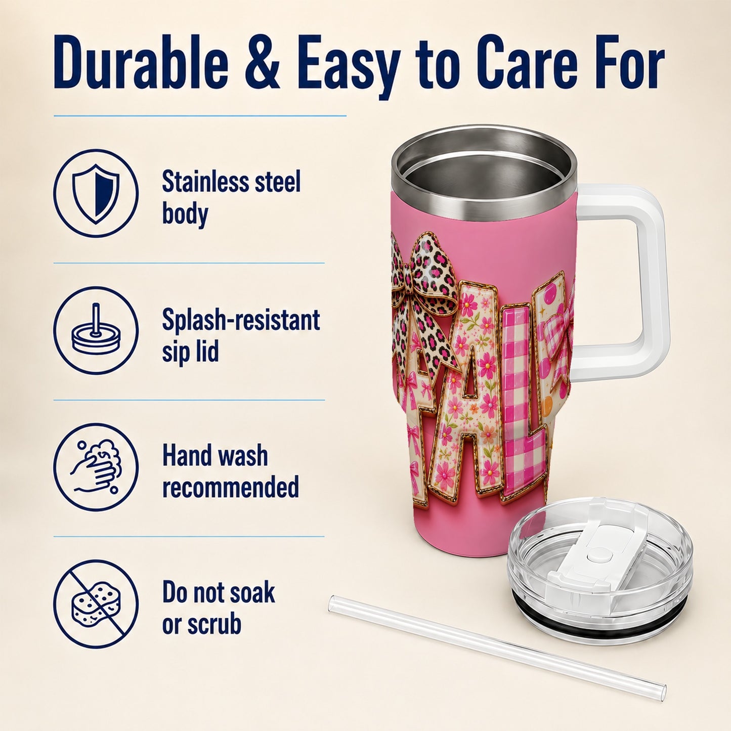 #pl[40oz|White] Fall Bow 40oz Tumbler, Pink Pattern Autumn Stainless Steel Travel Cup