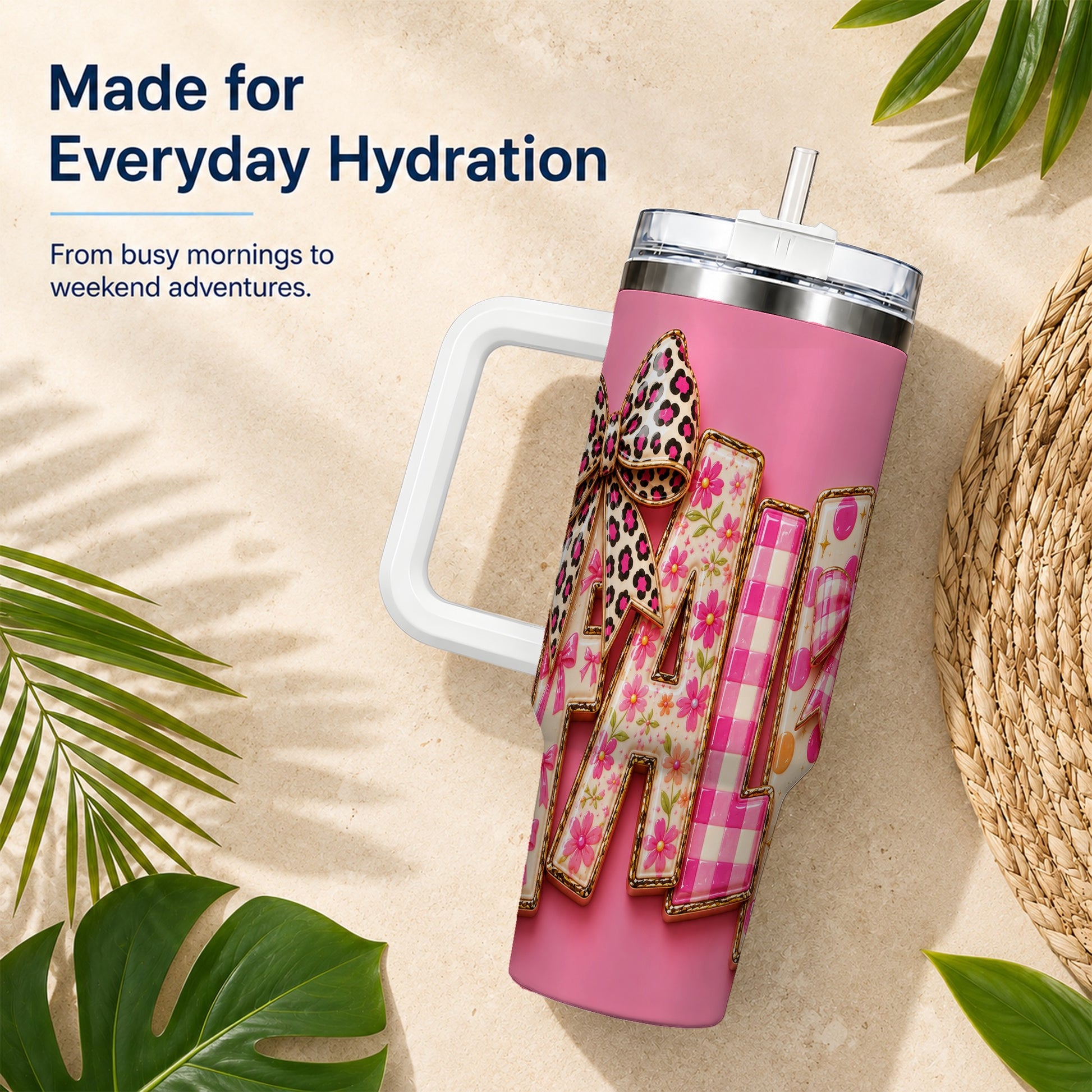 #pl[40oz|White] Fall Bow 40oz Tumbler, Pink Pattern Autumn Stainless Steel Travel Cup