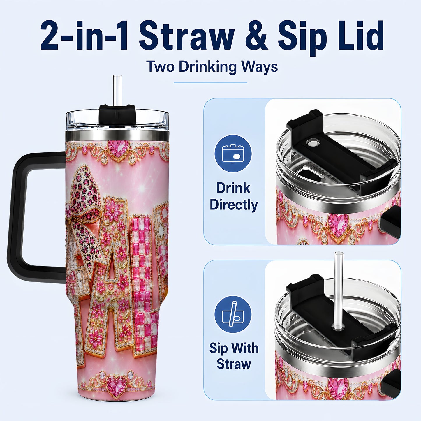 #pl[40oz|Black] Gemstone Bow 40oz Tumbler with Handle, Fall Stainless Steel Travel Cup