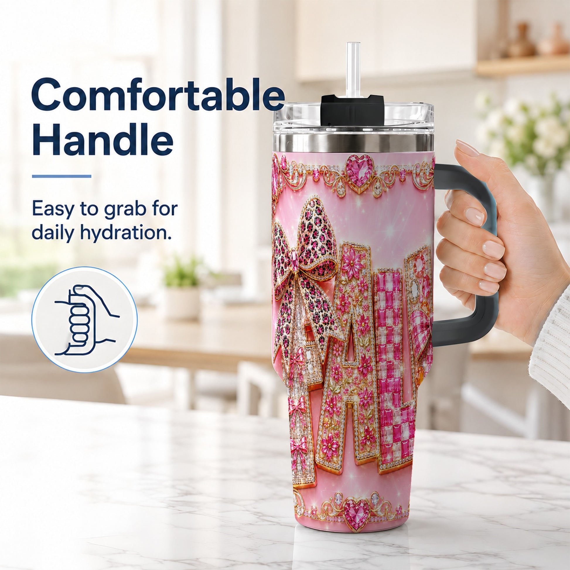 #pl[40oz|Black] Gemstone Bow 40oz Tumbler with Handle, Fall Stainless Steel Travel Cup