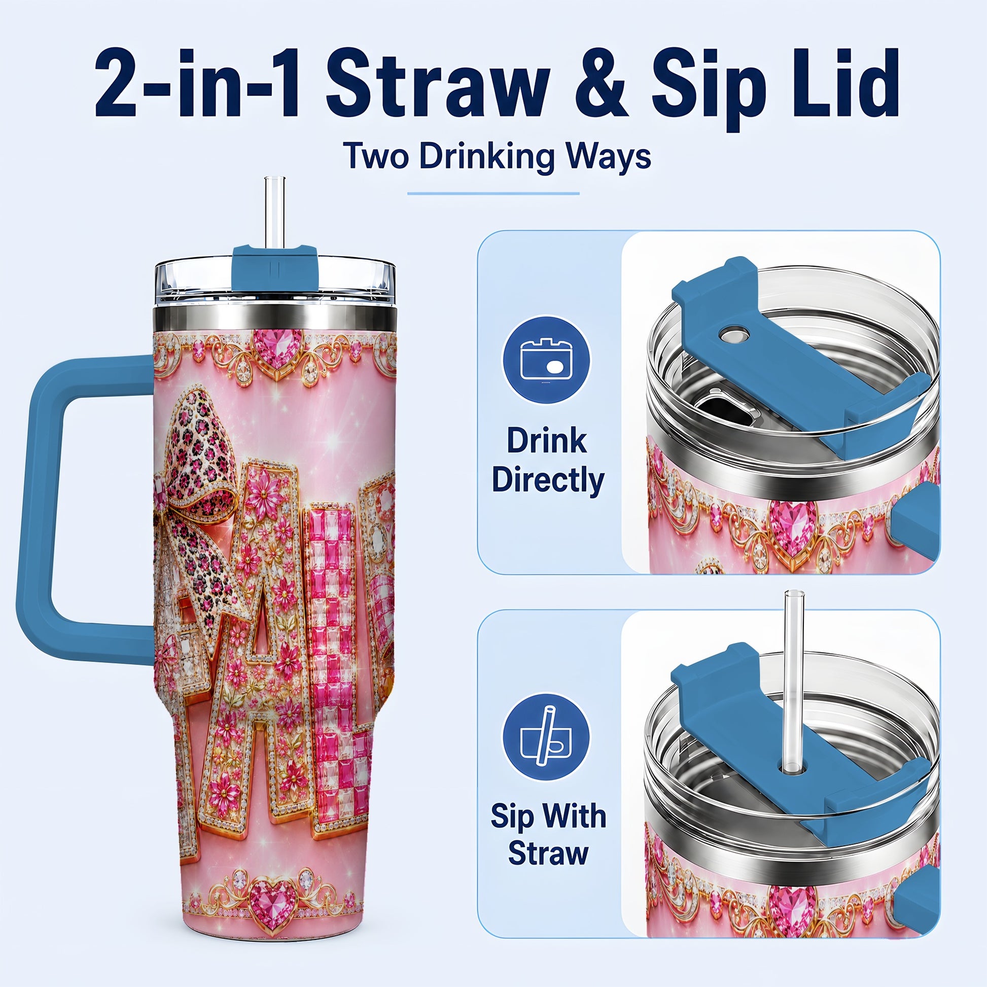 #pl[40oz|Blue] Gemstone Bow 40oz Tumbler with Handle, Fall Stainless Steel Travel Cup