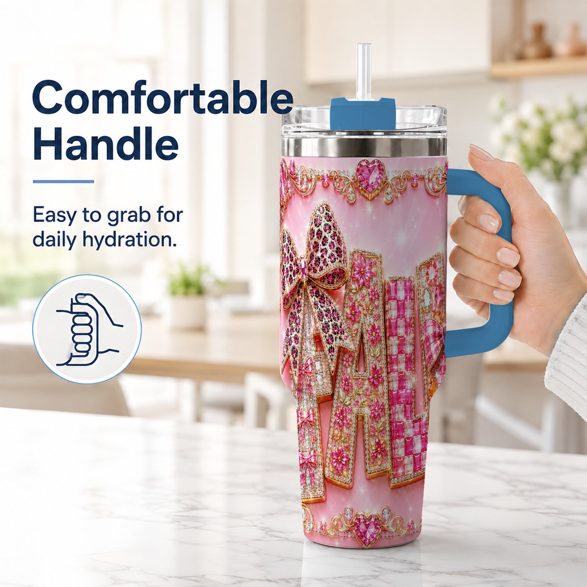 #pl[40oz|Blue] Gemstone Bow 40oz Tumbler with Handle, Fall Stainless Steel Travel Cup