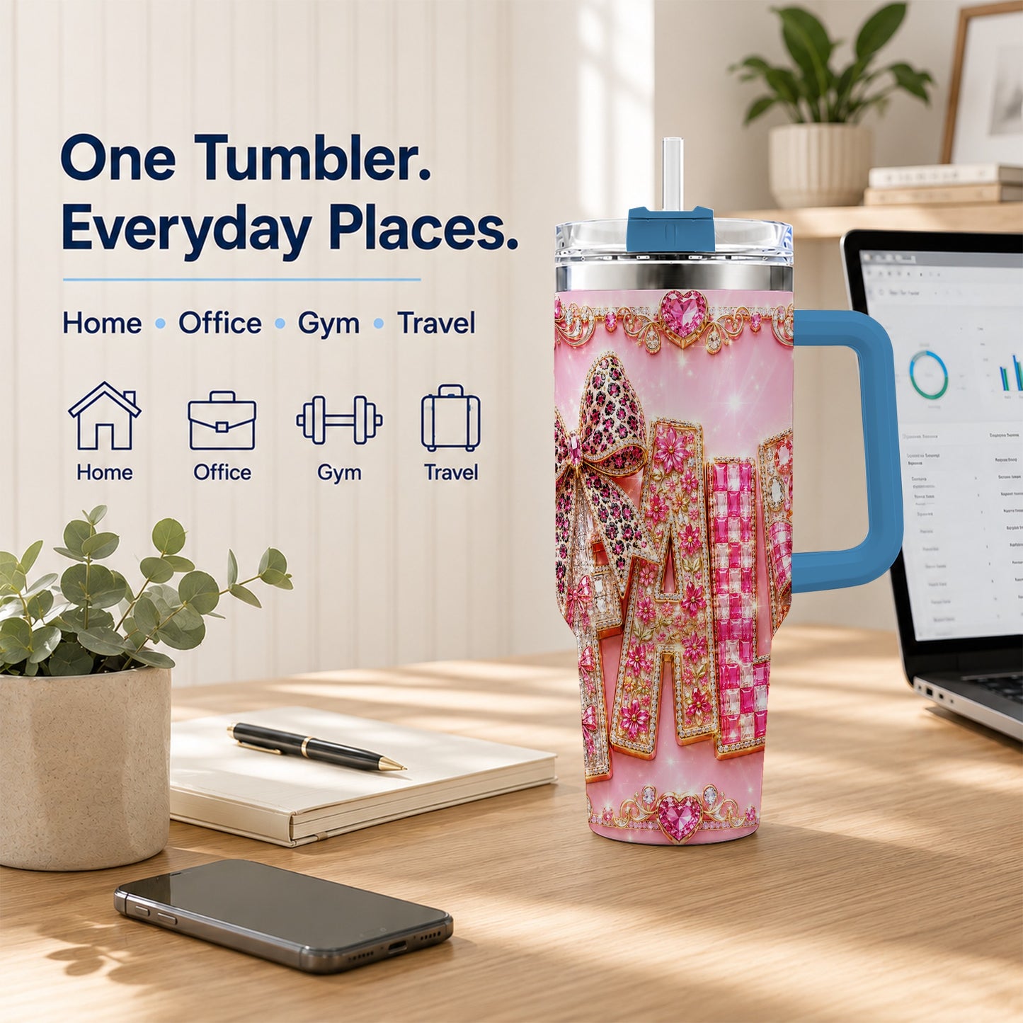 #pl[40oz|Blue] Gemstone Bow 40oz Tumbler with Handle, Fall Stainless Steel Travel Cup