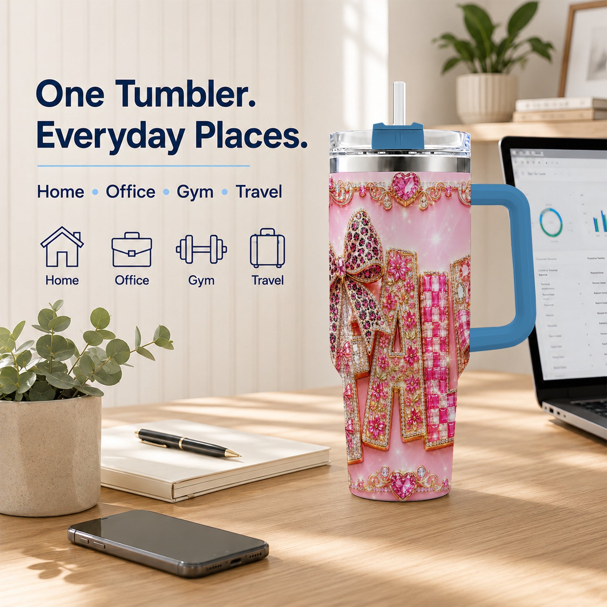 #pl[40oz|Blue] Gemstone Bow 40oz Tumbler with Handle, Fall Stainless Steel Travel Cup