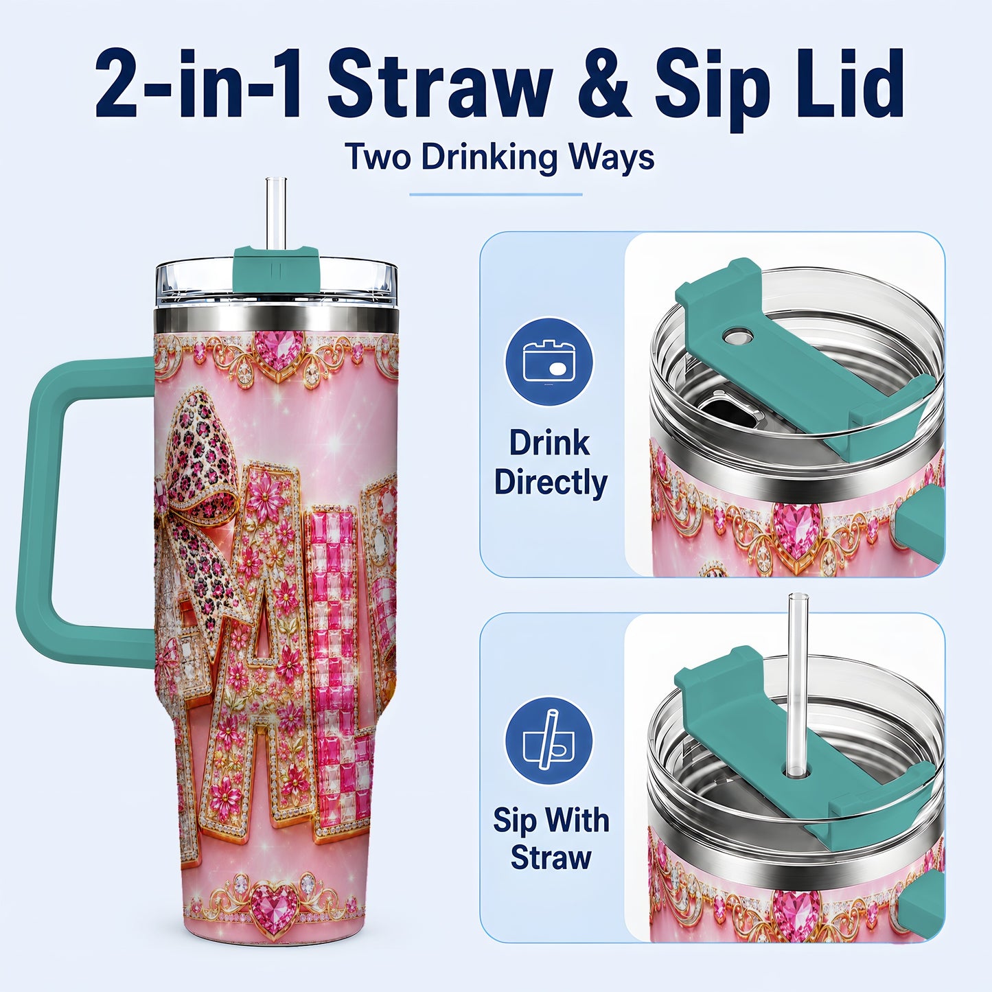 #pl[40oz|Green] Gemstone Bow 40oz Tumbler with Handle, Fall Stainless Steel Travel Cup