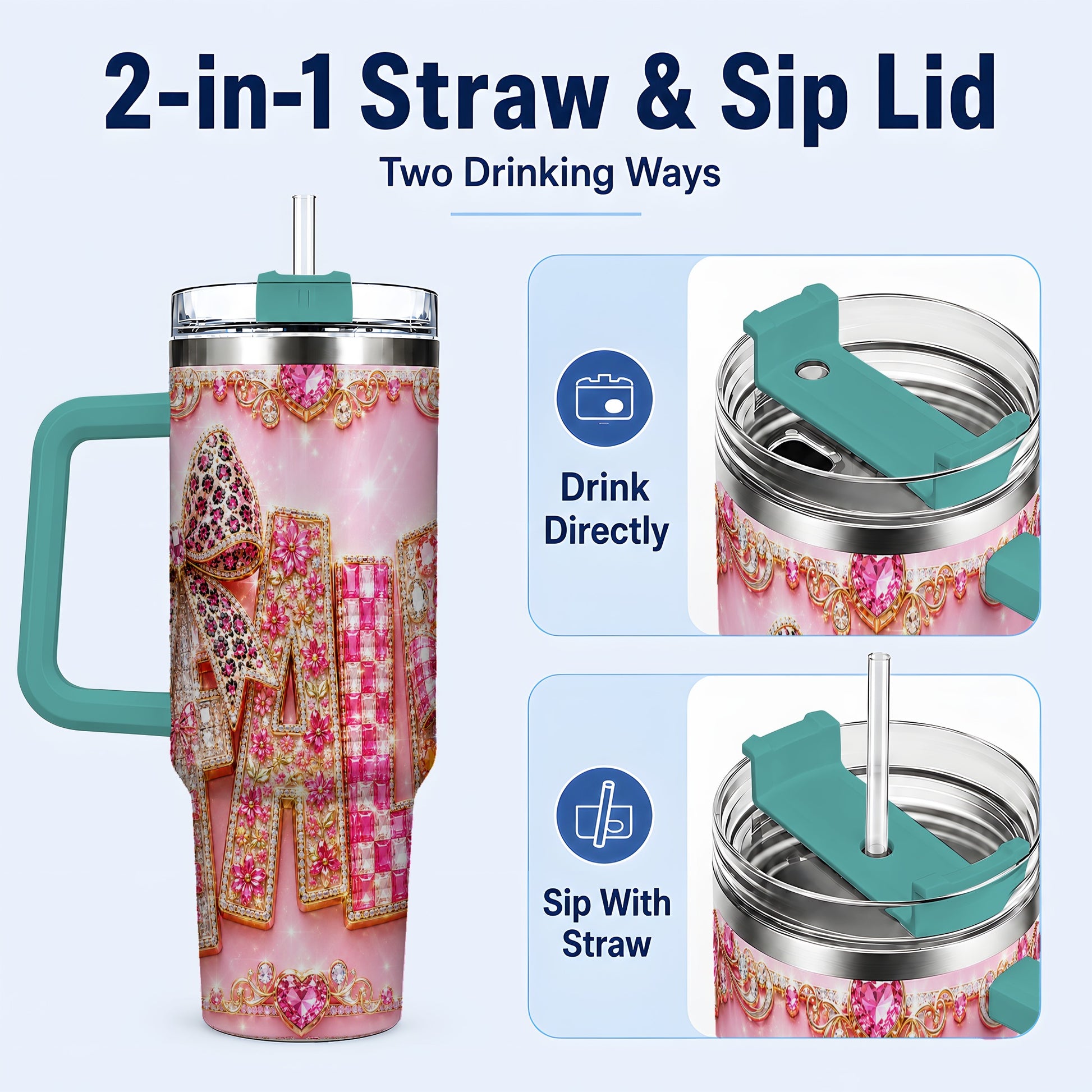 #pl[40oz|Green] Gemstone Bow 40oz Tumbler with Handle, Fall Stainless Steel Travel Cup