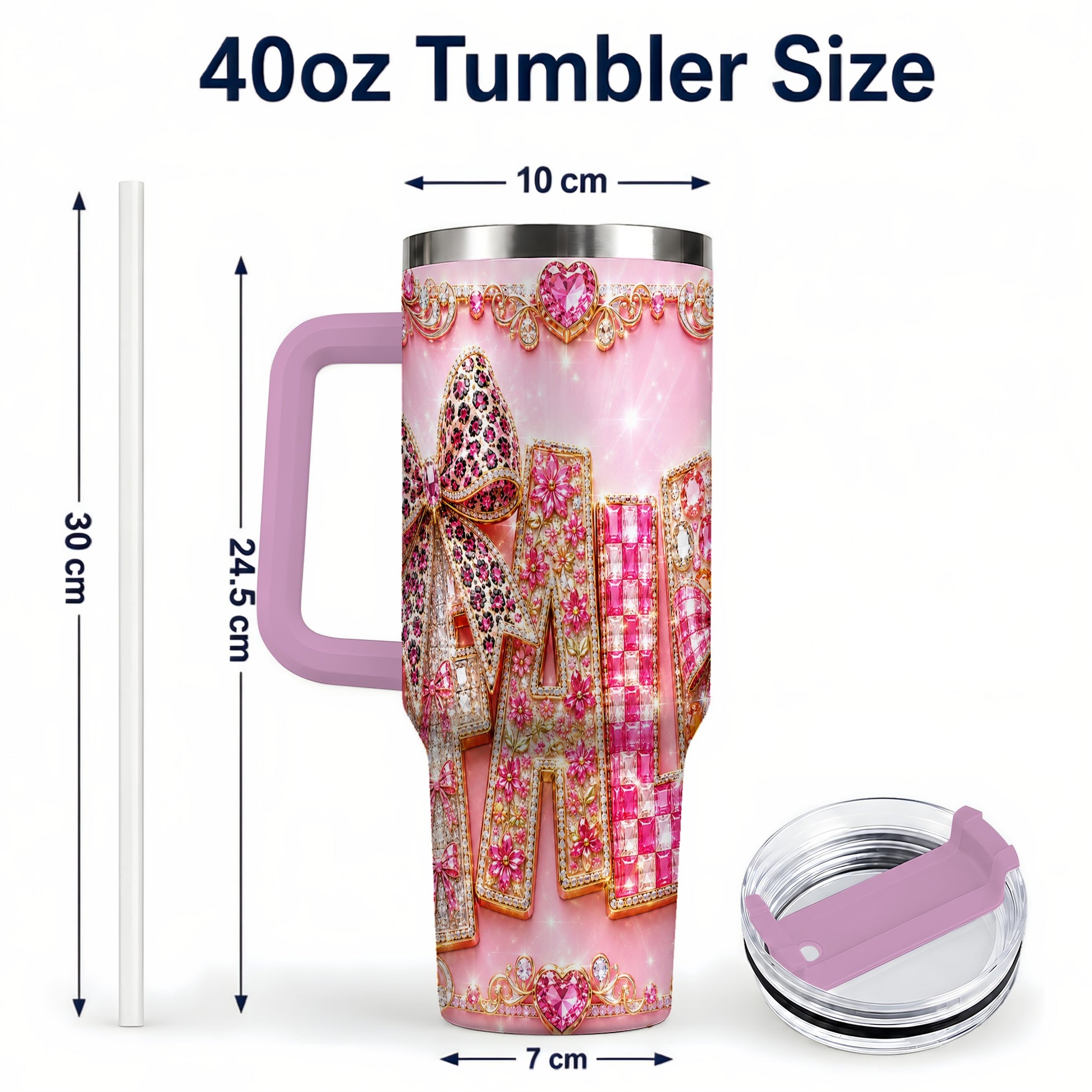 #pl[40oz|Pink] Gemstone Bow 40oz Tumbler with Handle, Fall Stainless Steel Travel Cup