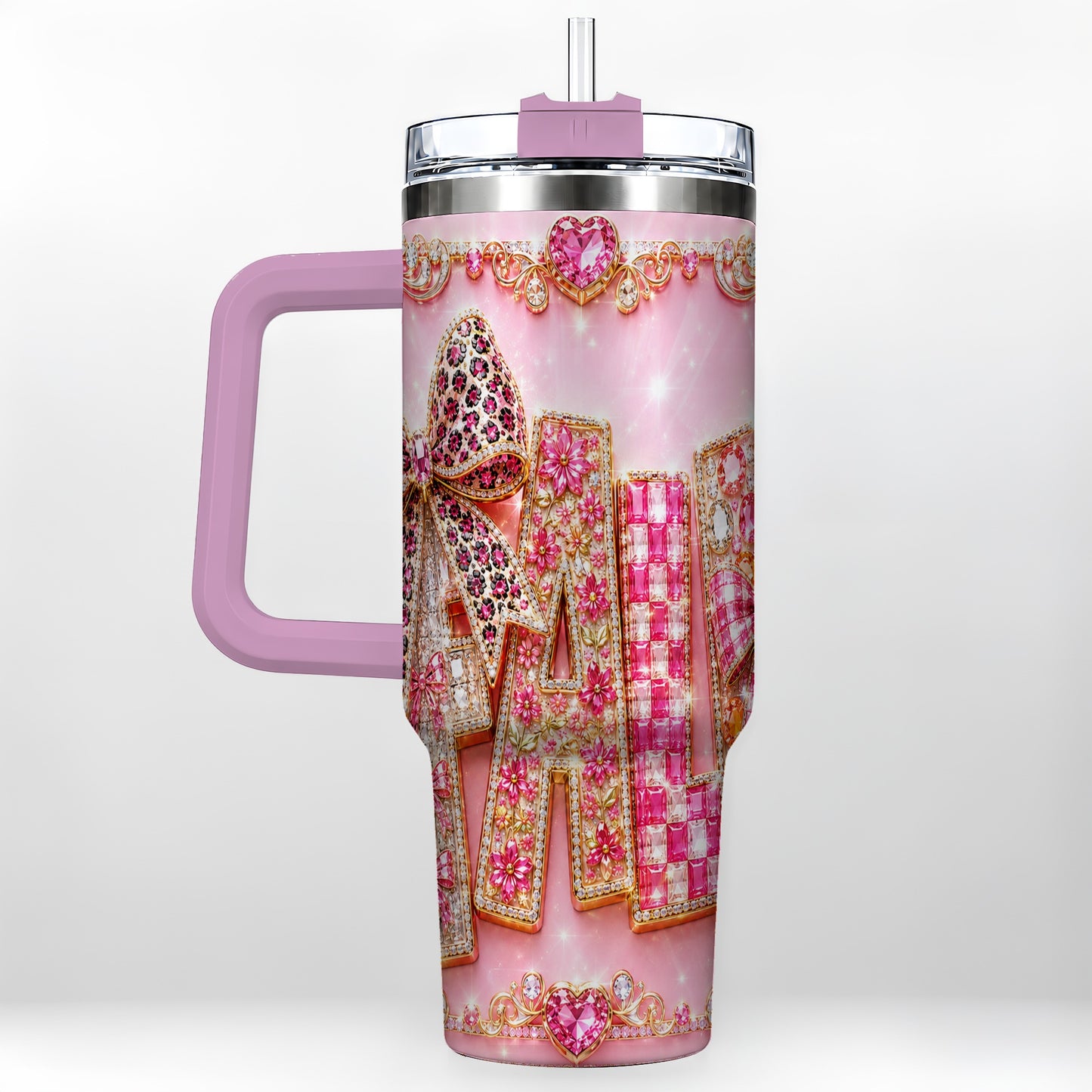 #pl[40oz|Pink] Gemstone Bow 40oz Tumbler with Handle, Fall Stainless Steel Travel Cup