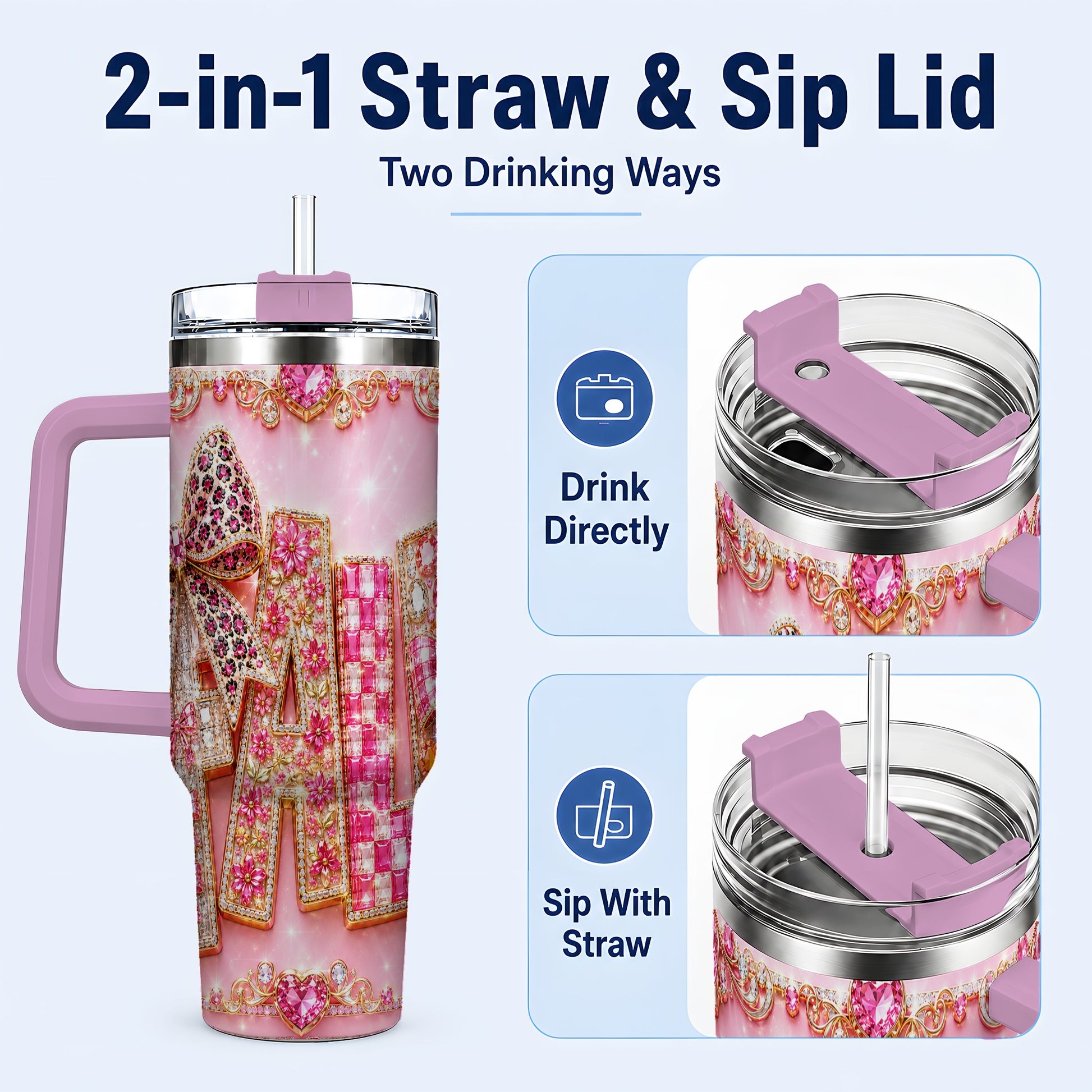 #pl[40oz|Pink] Gemstone Bow 40oz Tumbler with Handle, Fall Stainless Steel Travel Cup
