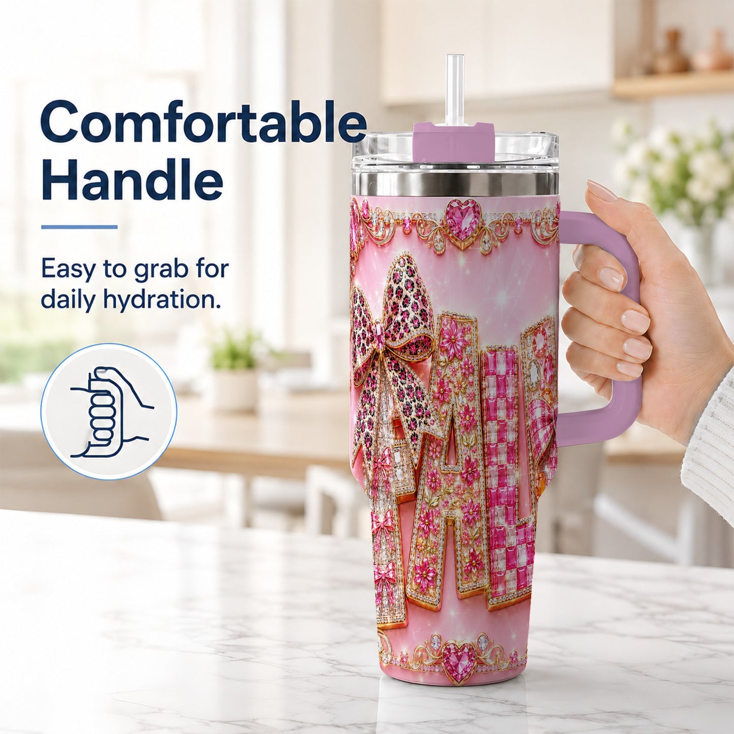 #pl[40oz|Pink] Gemstone Bow 40oz Tumbler with Handle, Fall Stainless Steel Travel Cup