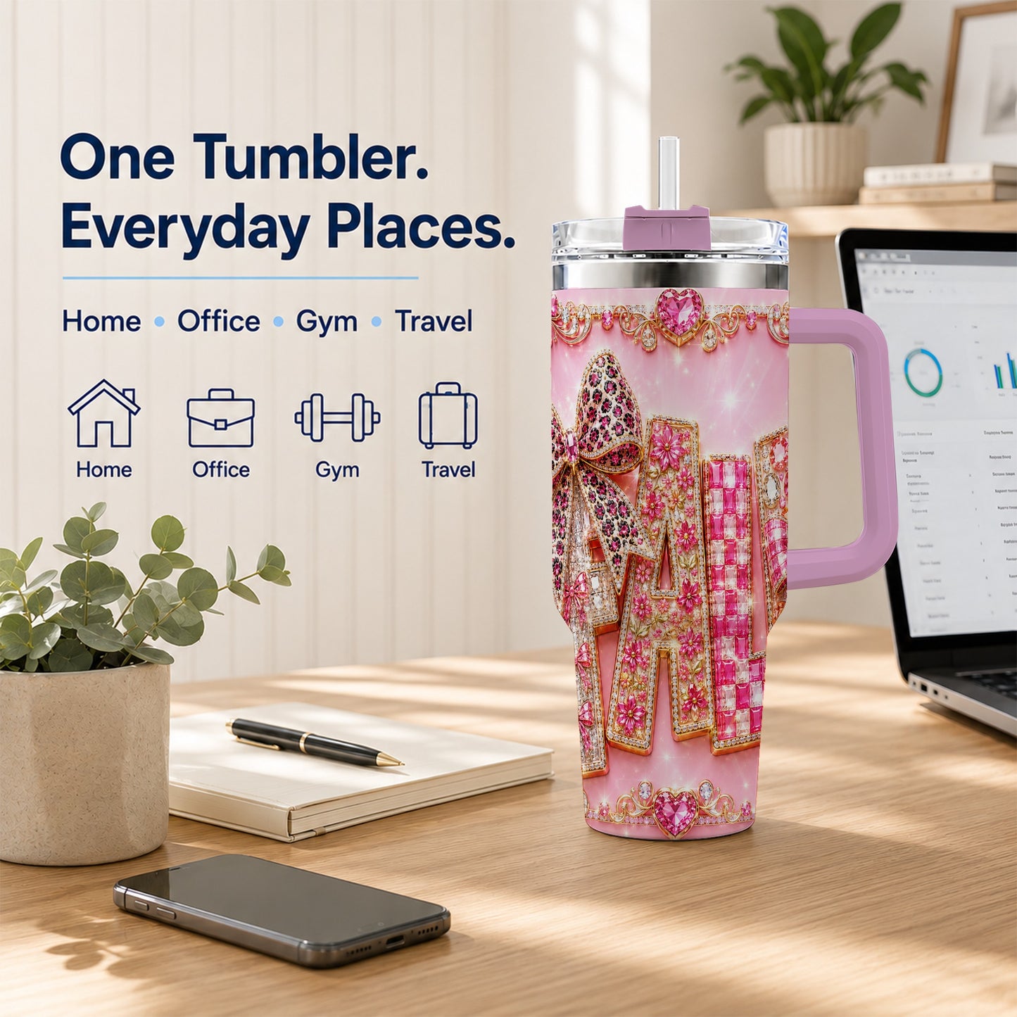 #pl[40oz|Pink] Gemstone Bow 40oz Tumbler with Handle, Fall Stainless Steel Travel Cup