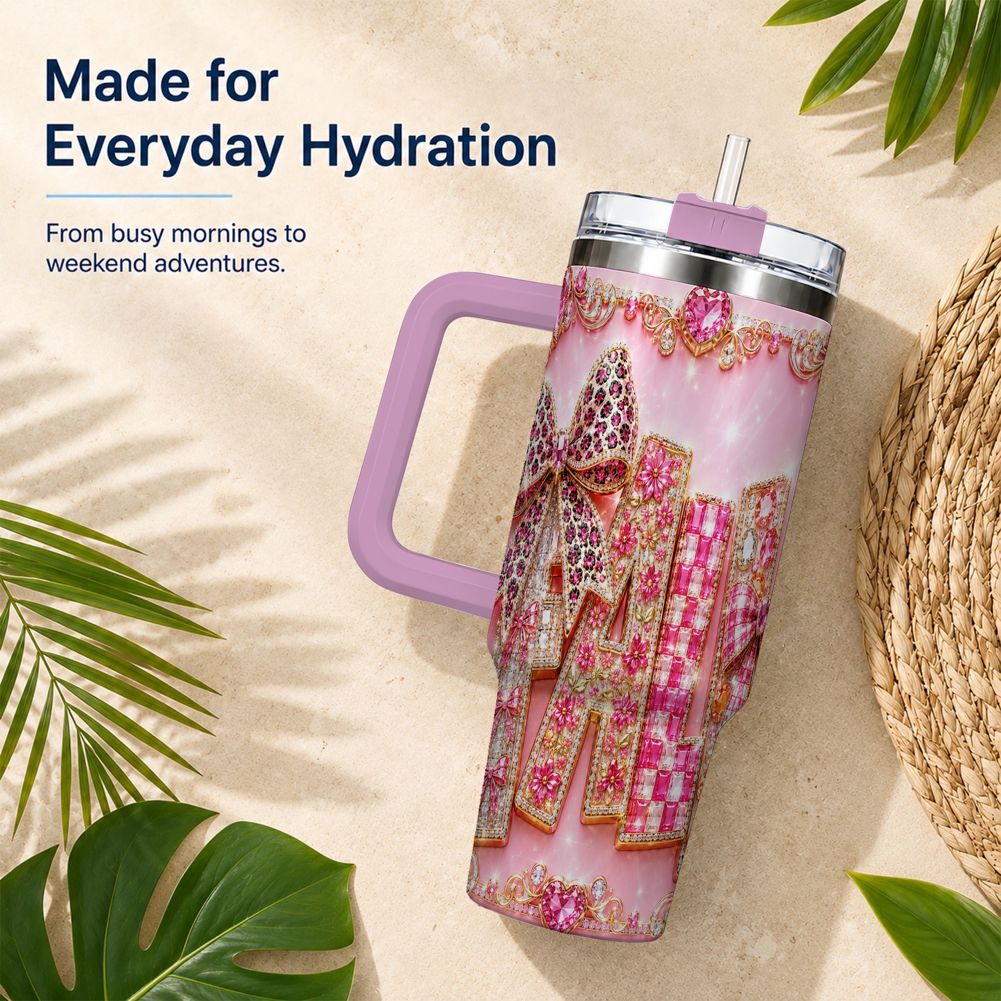 #pl[40oz|Pink] Gemstone Bow 40oz Tumbler with Handle, Fall Stainless Steel Travel Cup