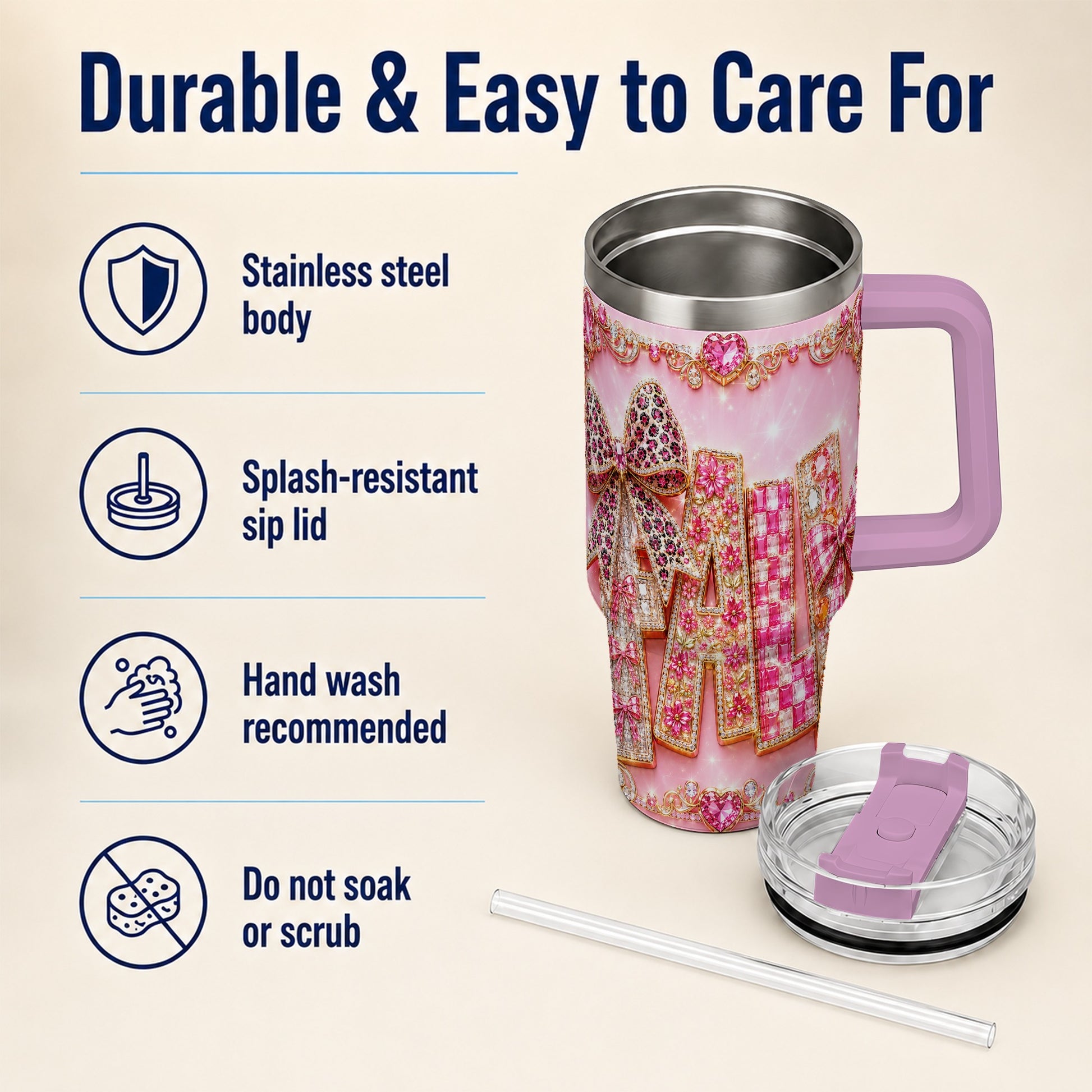 #pl[40oz|Pink] Gemstone Bow 40oz Tumbler with Handle, Fall Stainless Steel Travel Cup