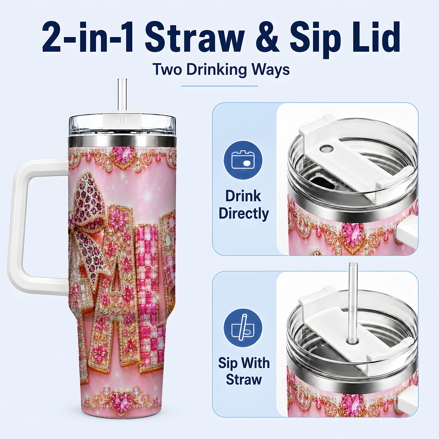 #pl[40oz|White] Gemstone Bow 40oz Tumbler with Handle, Fall Stainless Steel Travel Cup