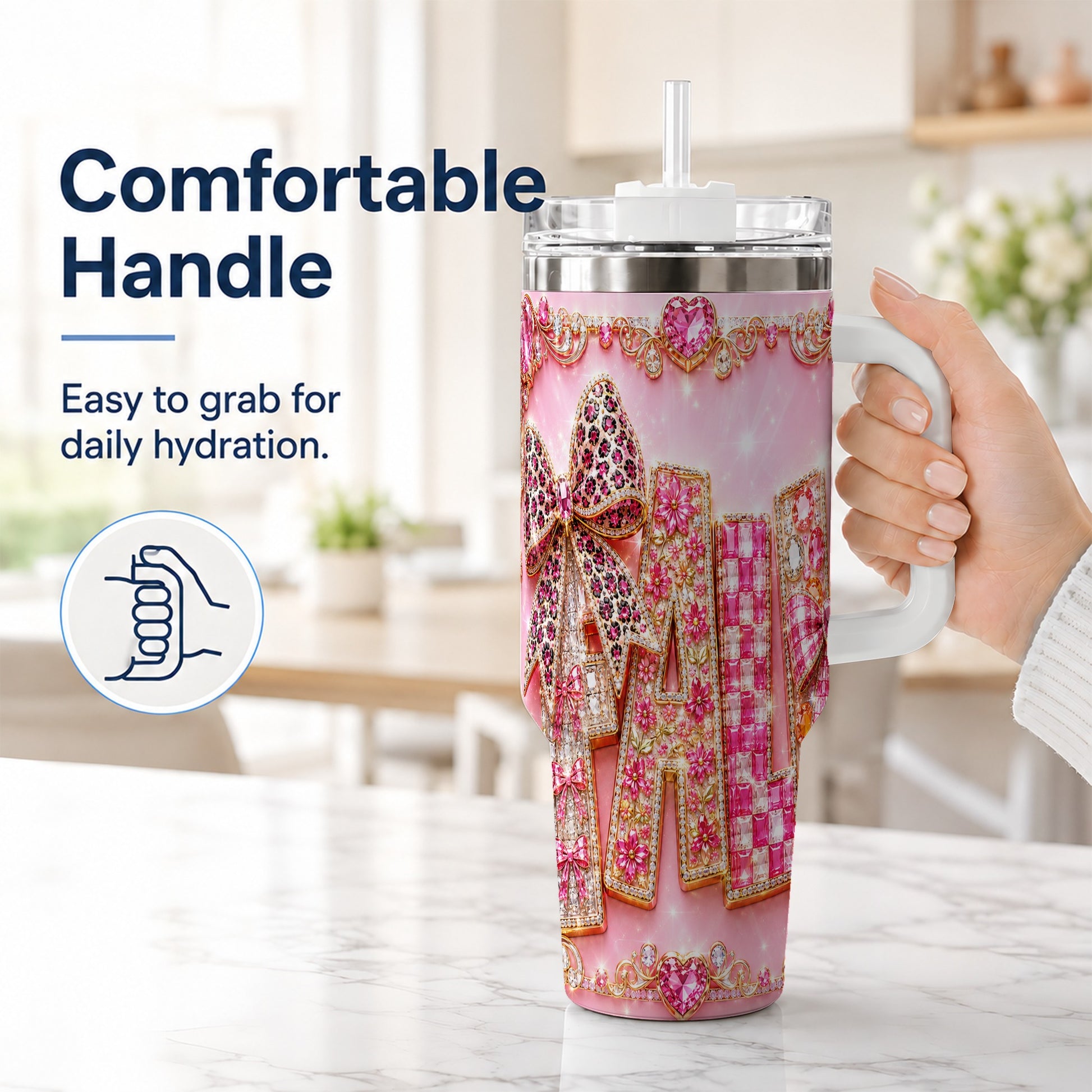 #pl[40oz|White] Gemstone Bow 40oz Tumbler with Handle, Fall Stainless Steel Travel Cup