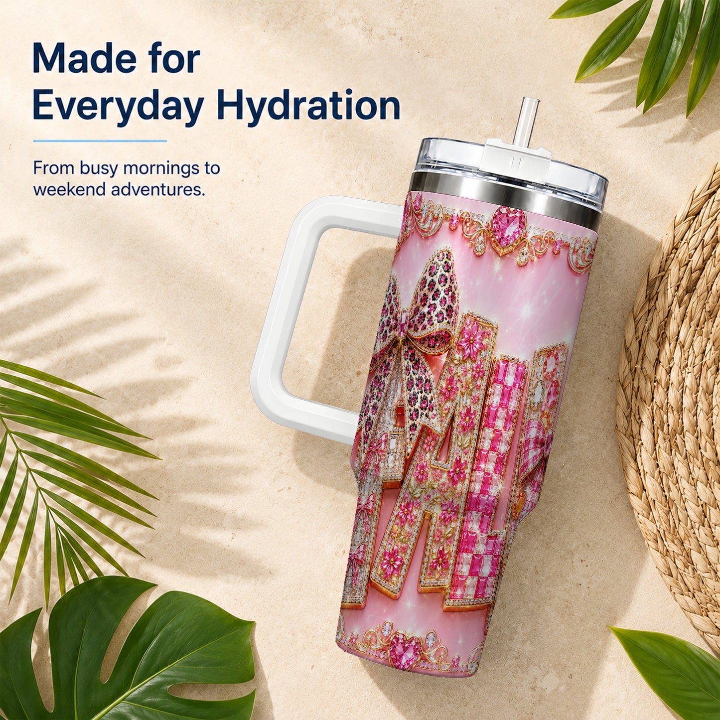 #pl[40oz|White] Gemstone Bow 40oz Tumbler with Handle, Fall Stainless Steel Travel Cup