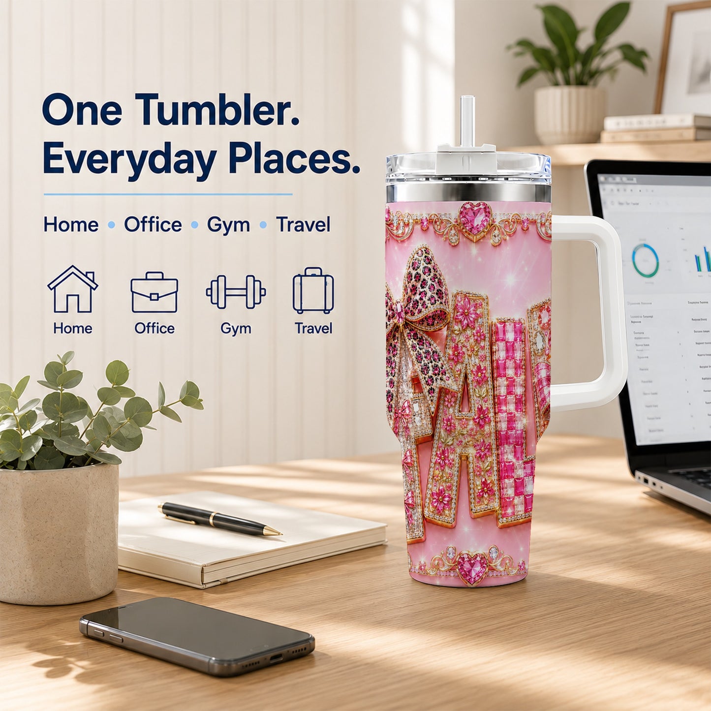 #pl[40oz|White] Gemstone Bow 40oz Tumbler with Handle, Fall Stainless Steel Travel Cup