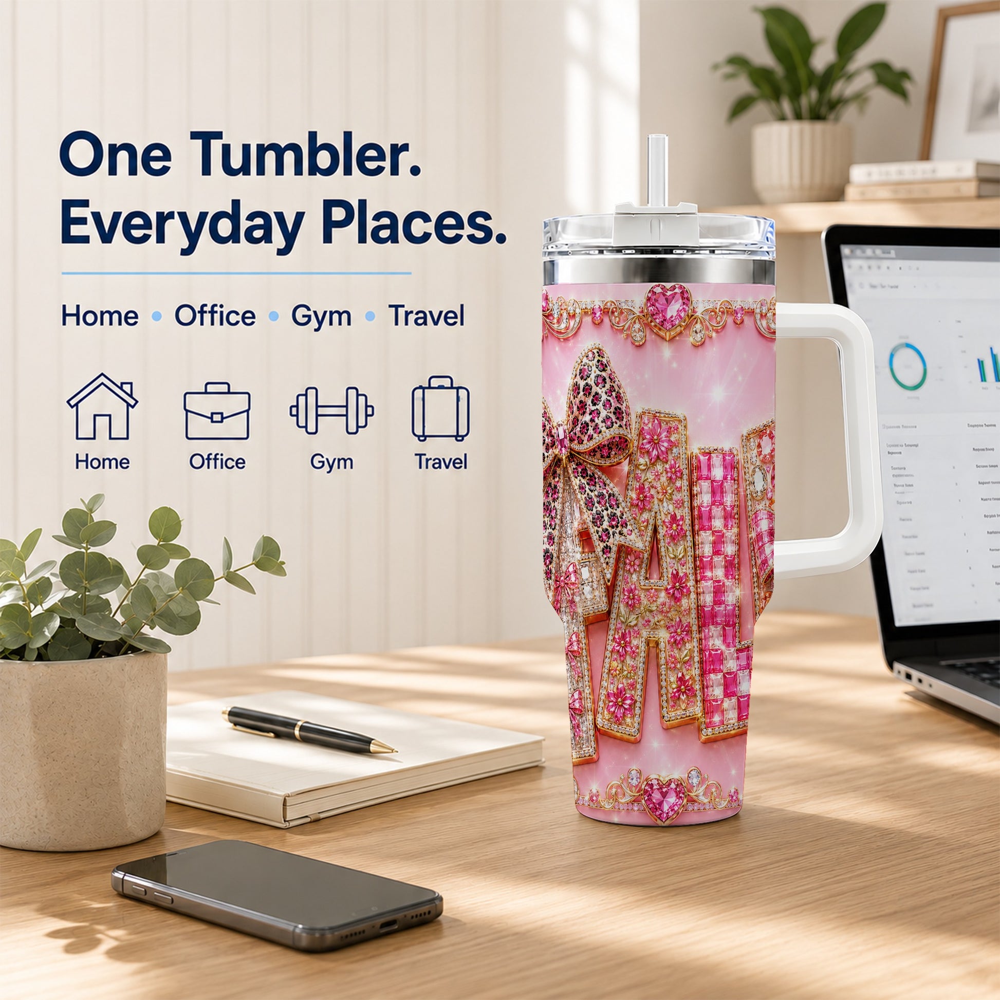 #pl[40oz|White] Gemstone Bow 40oz Tumbler with Handle, Fall Stainless Steel Travel Cup