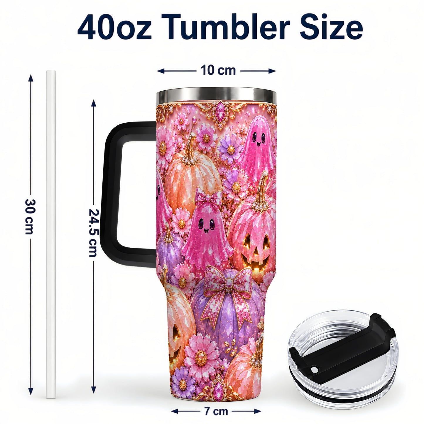 #pl[40oz|Black] Cute Ghost 40oz Tumbler with Handle, Halloween Stainless Steel Travel Cup