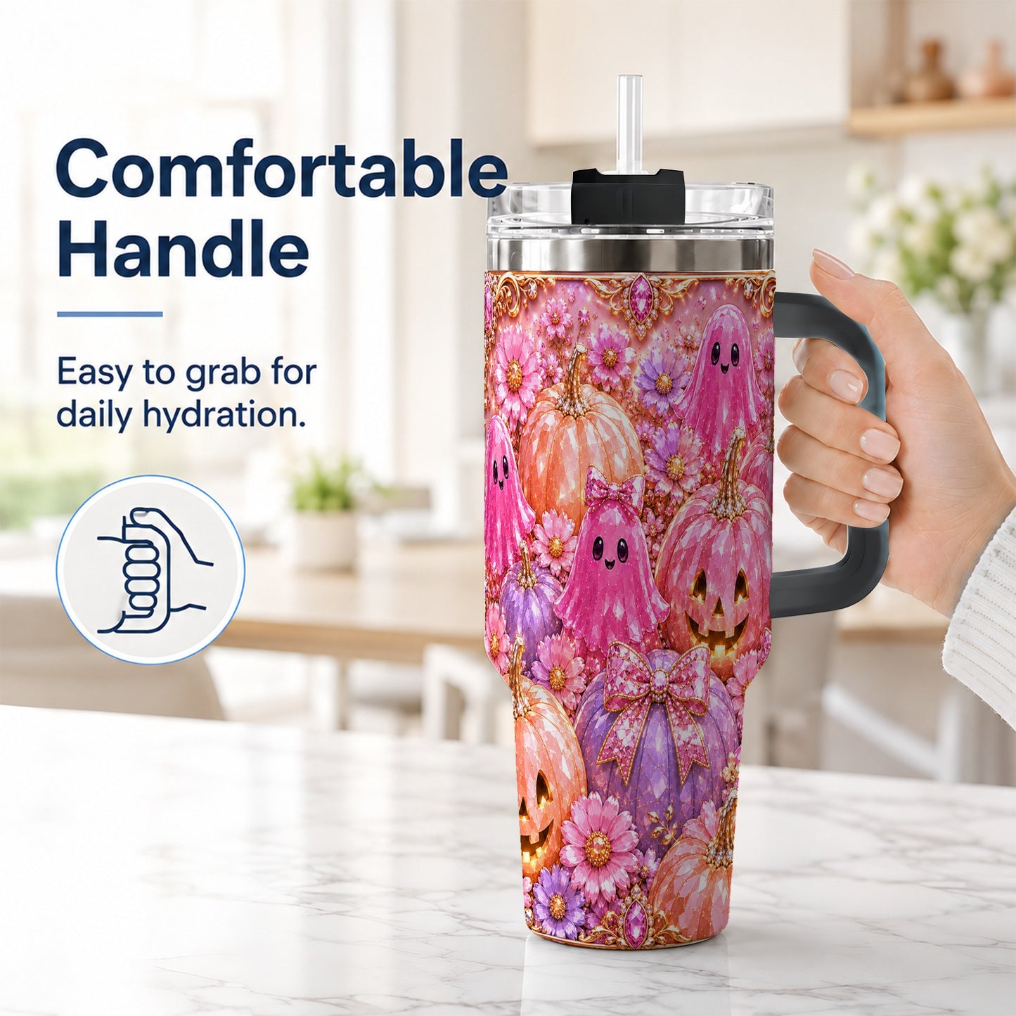 #pl[40oz|Black] Cute Ghost 40oz Tumbler with Handle, Halloween Stainless Steel Travel Cup