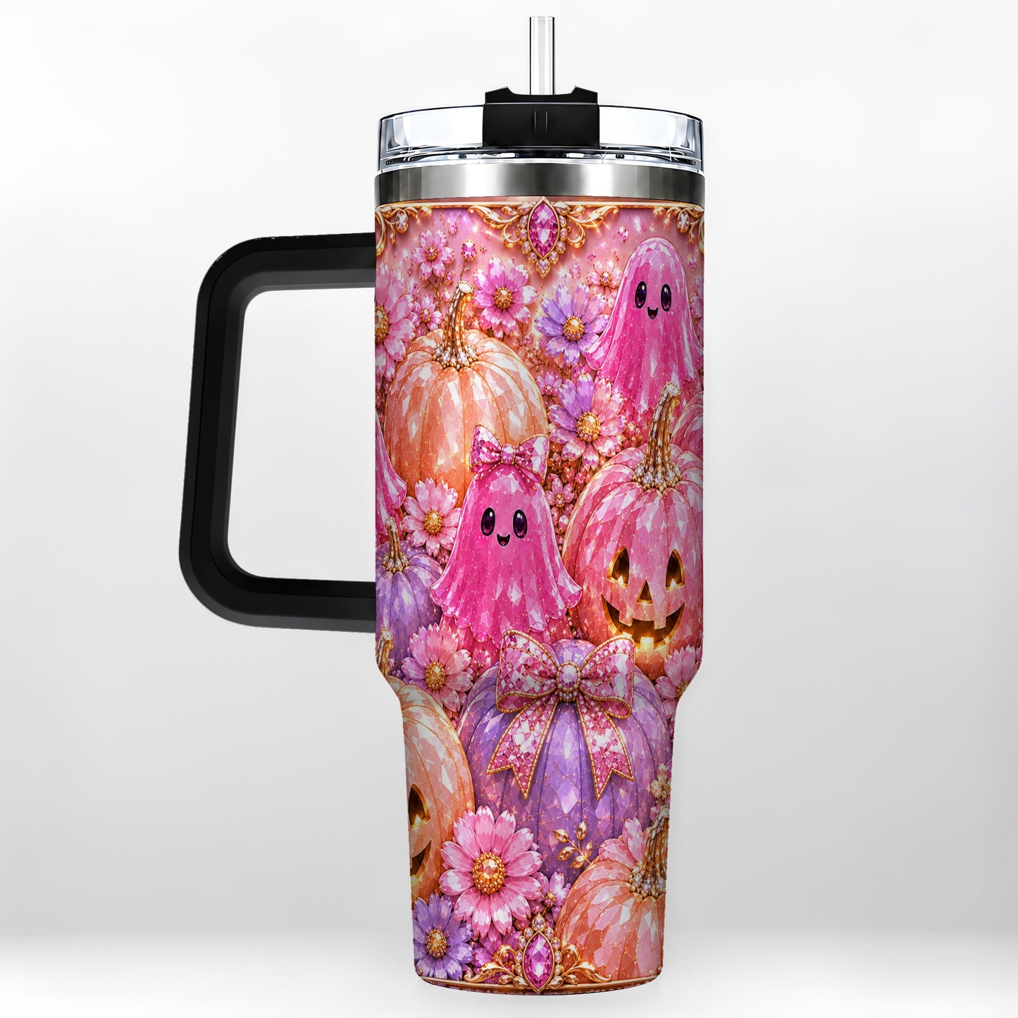 #pl[40oz|Black] Cute Ghost 40oz Tumbler with Handle, Halloween Stainless Steel Travel Cup